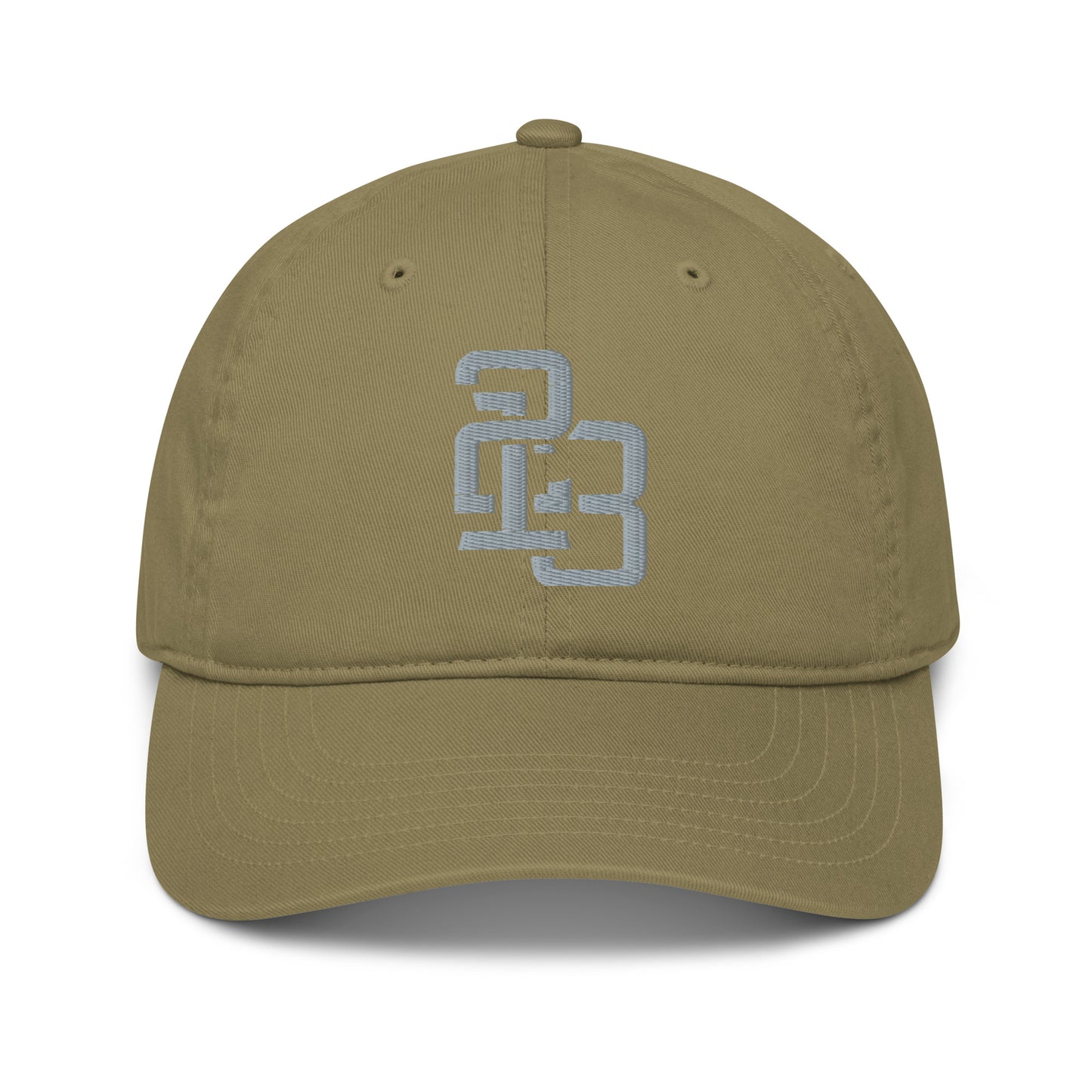 "213" Organic Baseball Cap | Econscious EC7000 | E Luna ESSENTIAL Duocrest 2 Grey Thread Front & Left Side Logos