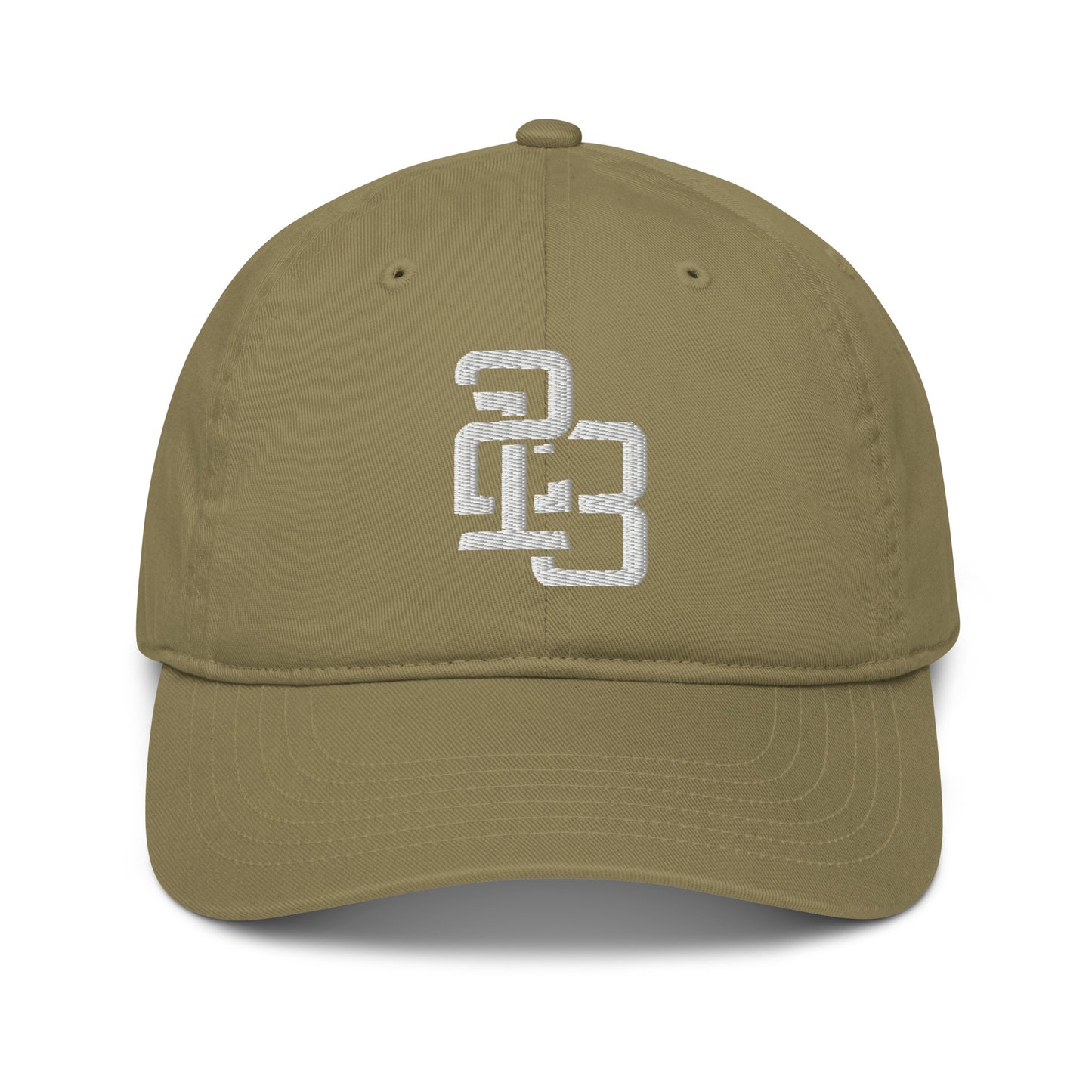 "213" Organic Baseball Cap | Econscious EC7000 | E Luna SELECT Duocrest 3 White Thread Front, Left Side & Back Logos