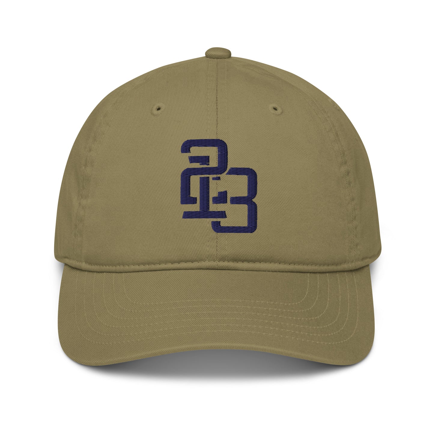 "213" Organic Baseball Cap | Econscious EC7000 | E Luna SELECT Duocrest 3 Navy Thread Front, Left Side & Back Logos