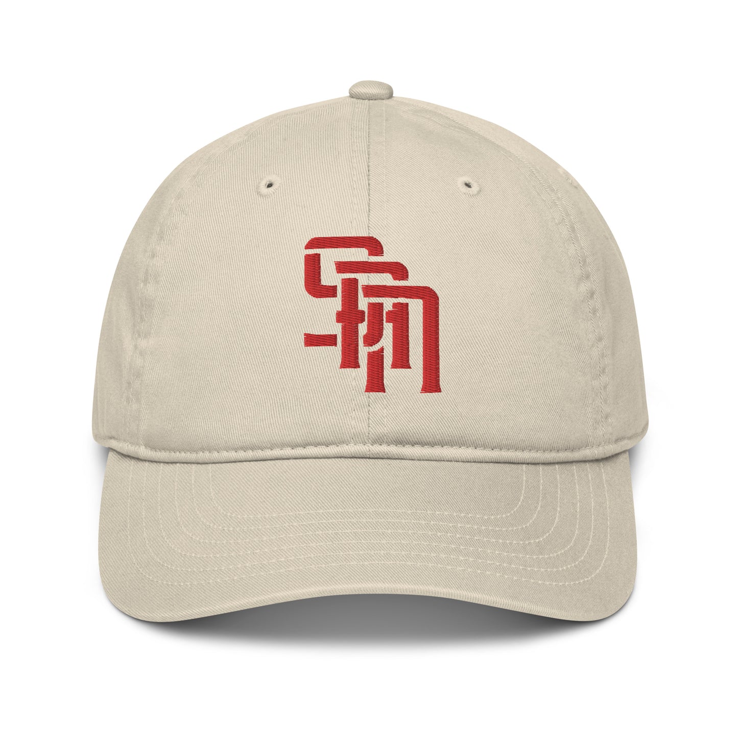 "SAN" Organic Baseball Cap | Econscious EC7000 | E Luna Brand ESSENTIAL Duocrest 2 Red Thread Logos: Front & Left