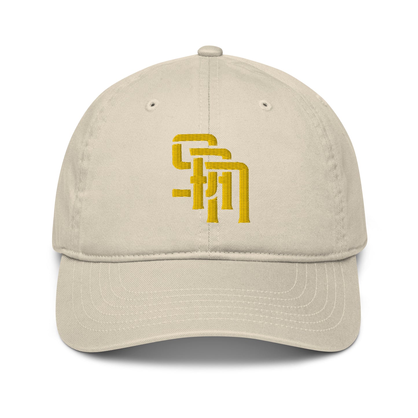 "SAN" Organic Baseball Cap | Econscious EC7000 | E Luna Brand ESSENTIAL Duocrest 2 Gold Thread Logos: Front & Left