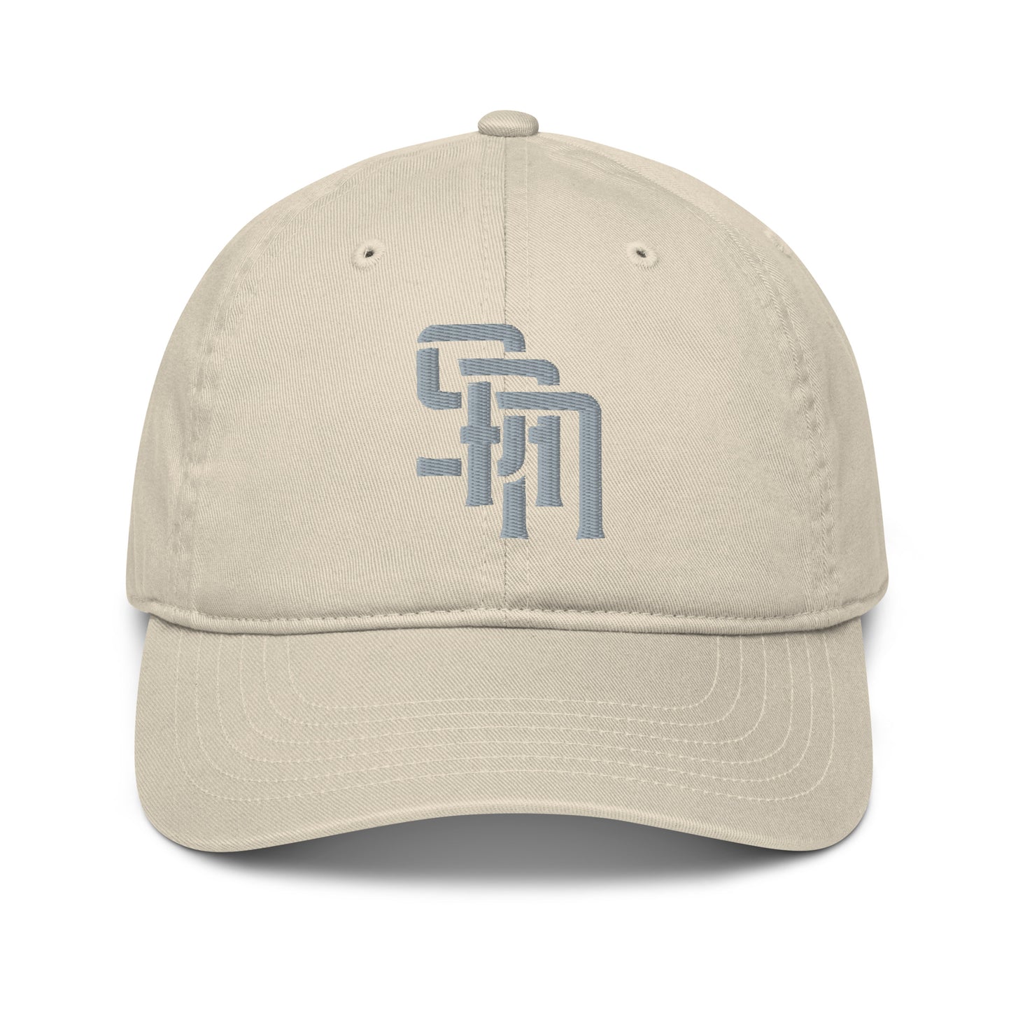 "SAN" Organic Baseball Cap | Econscious EC7000 | E Luna Brand ESSENTIAL Duocrest 2 Grey Thread Logos: Front & Left