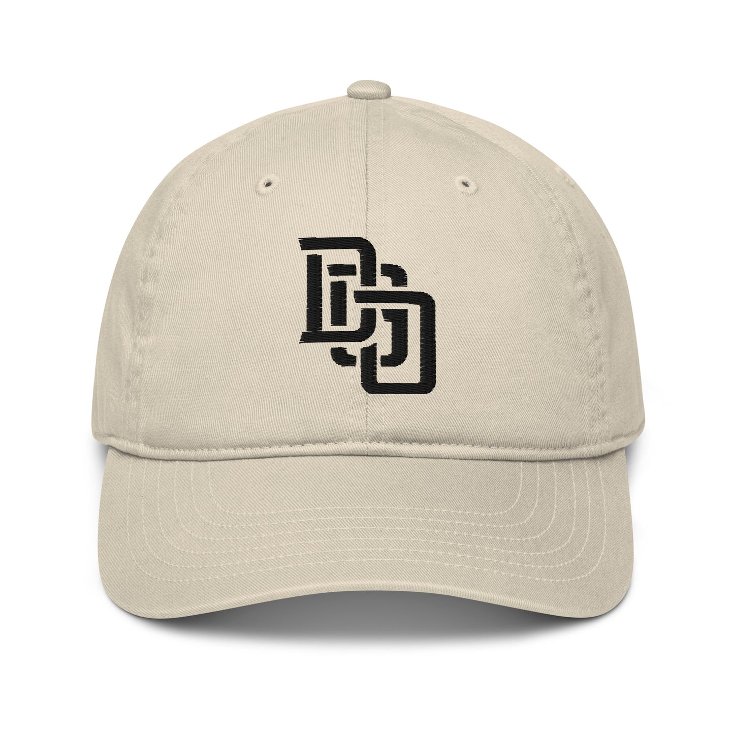 "DGO" Organic Baseball Cap | Econscious EC7000 | E Luna Brand ESSENTIAL Duocrest 2 Black Thread Logos: Front & Left