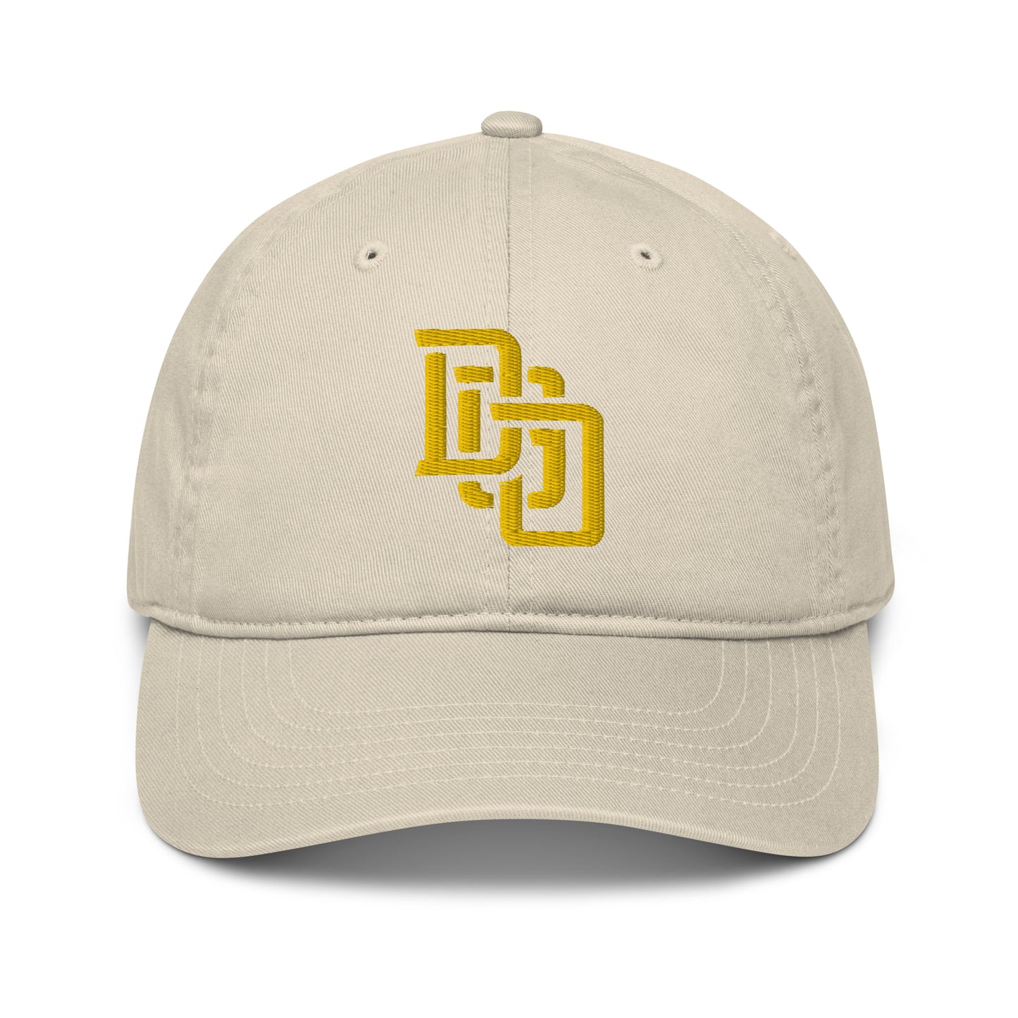 "DGO" Organic Baseball Cap | Econscious EC7000 | E Luna Brand ESSENTIAL Duocrest 2 Gold Thread Logos: Front & Left