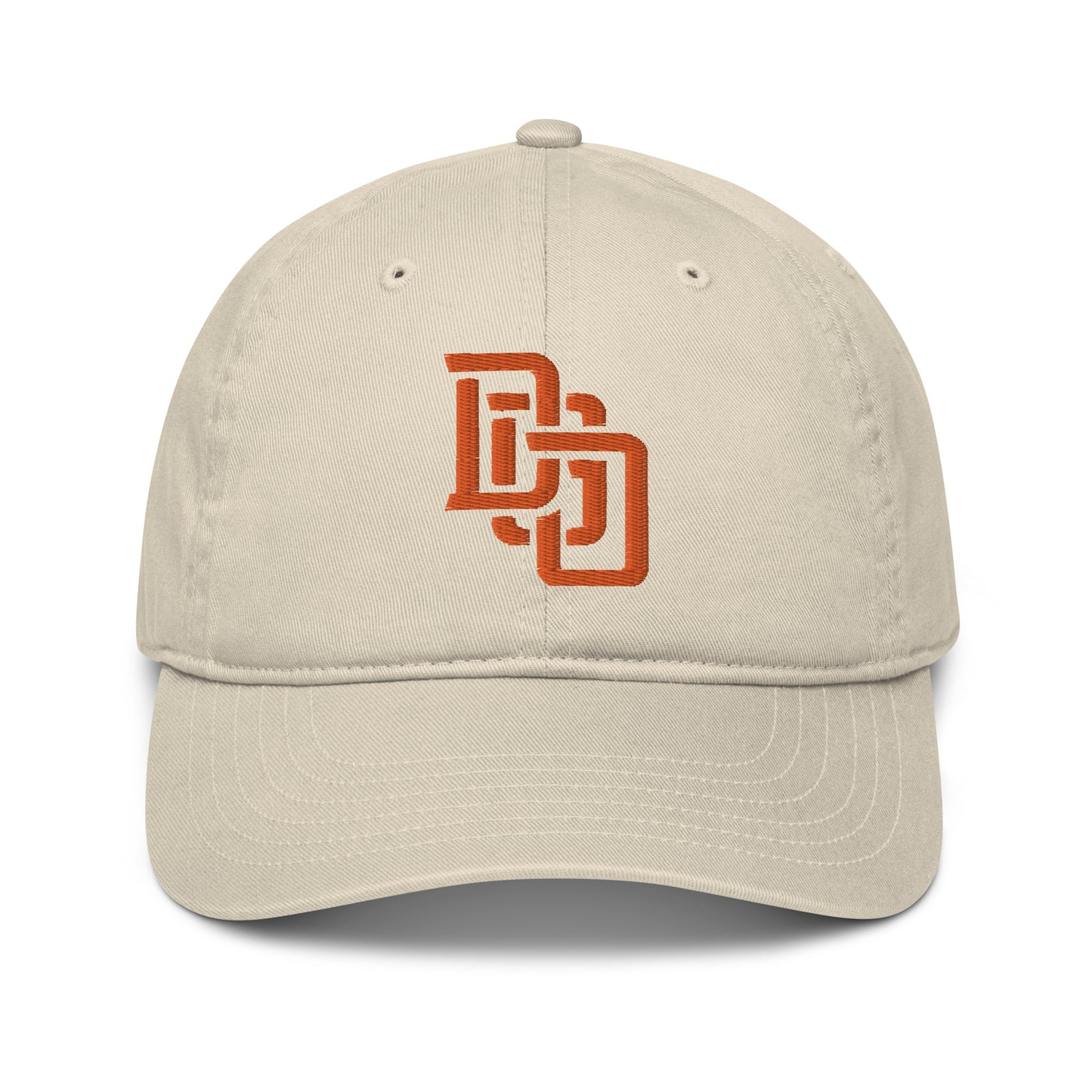 "DGO" Organic Baseball Cap | Econscious EC7000 | E Luna Brand ESSENTIAL Duocrest 2 Orange Thread Logos: Front & Left
