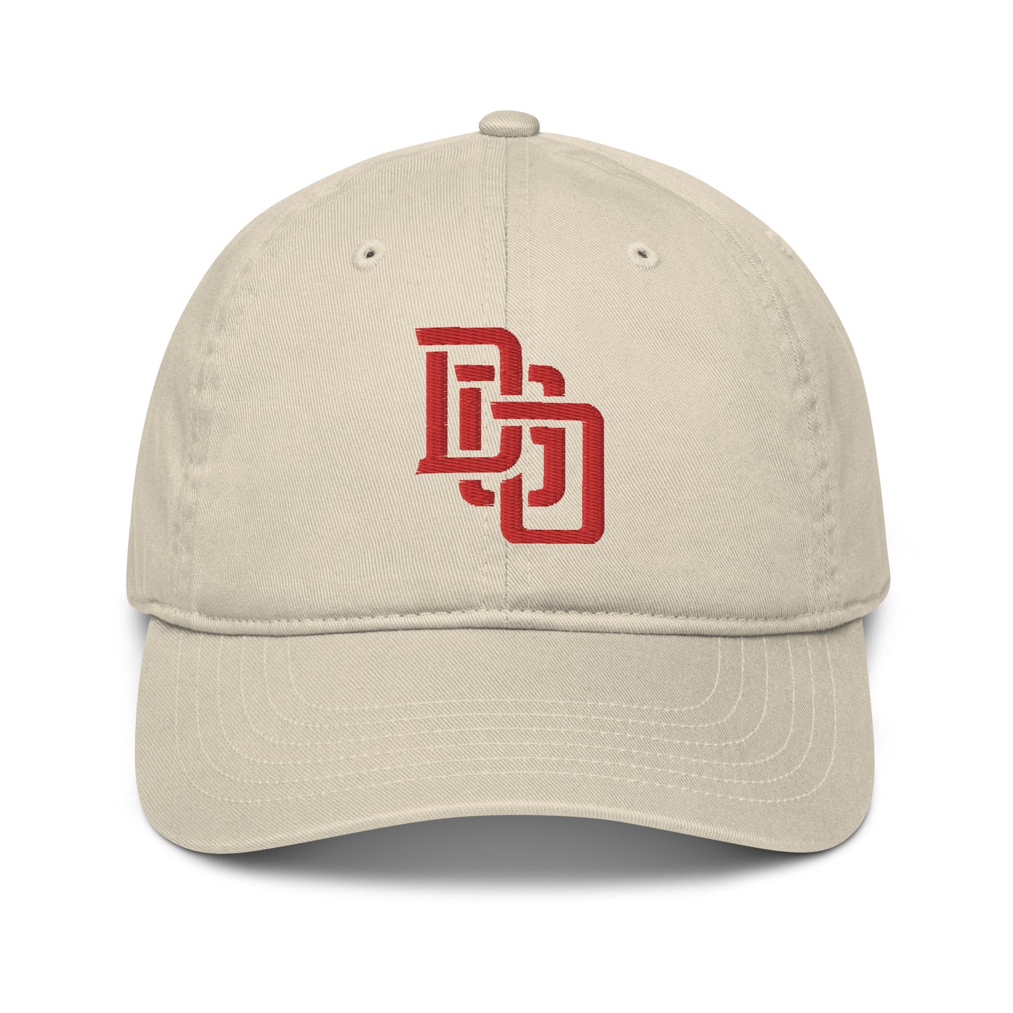 "DGO" Organic Baseball Cap | Econscious EC7000 | E Luna Brand ESSENTIAL Duocrest 2 Red Thread Logos: Front & Left