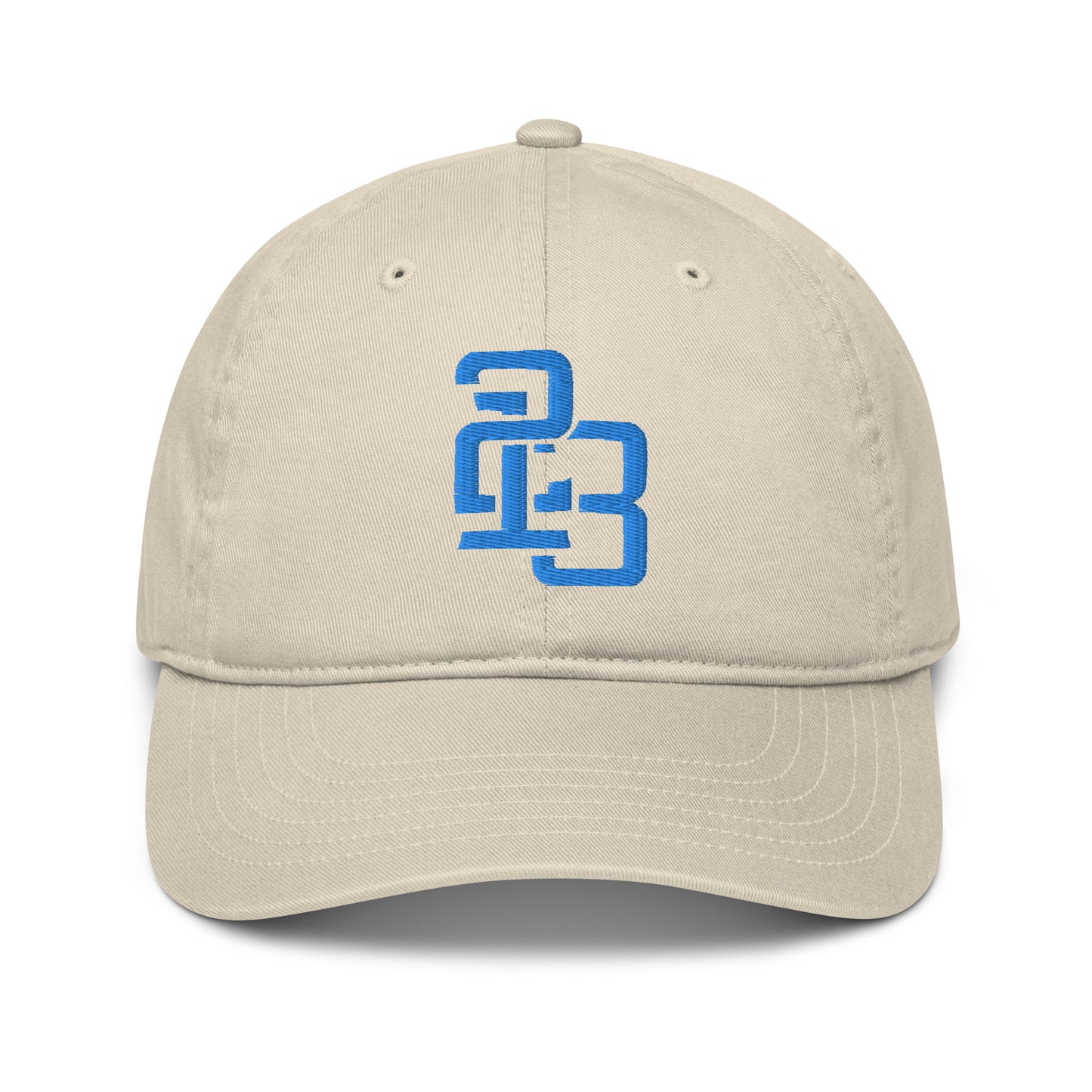 "213" Organic Baseball Cap | Econscious EC7000 | E Luna ESSENTIAL Duocrest 2 Aqua/Teal Thread Front & Left Side Logos