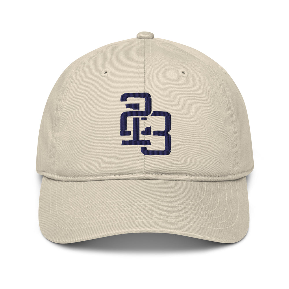 "213" Organic Baseball Cap | Econscious EC7000 | E Luna ESSENTIAL Duocrest 2 Navy Thread Front & Left Side Logos