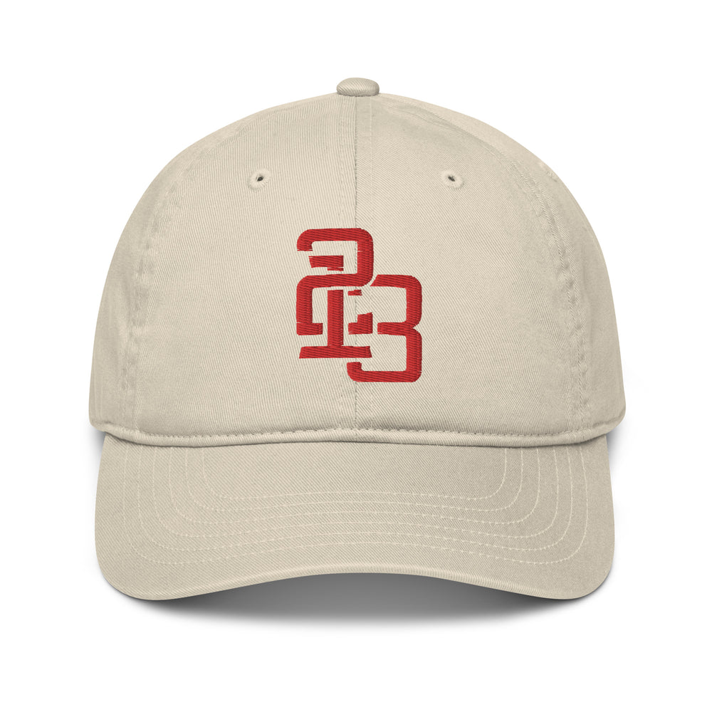 "213" Organic Baseball Cap | Econscious EC7000 | E Luna ESSENTIAL Duocrest 2 Red Thread Front & Left Side Logos