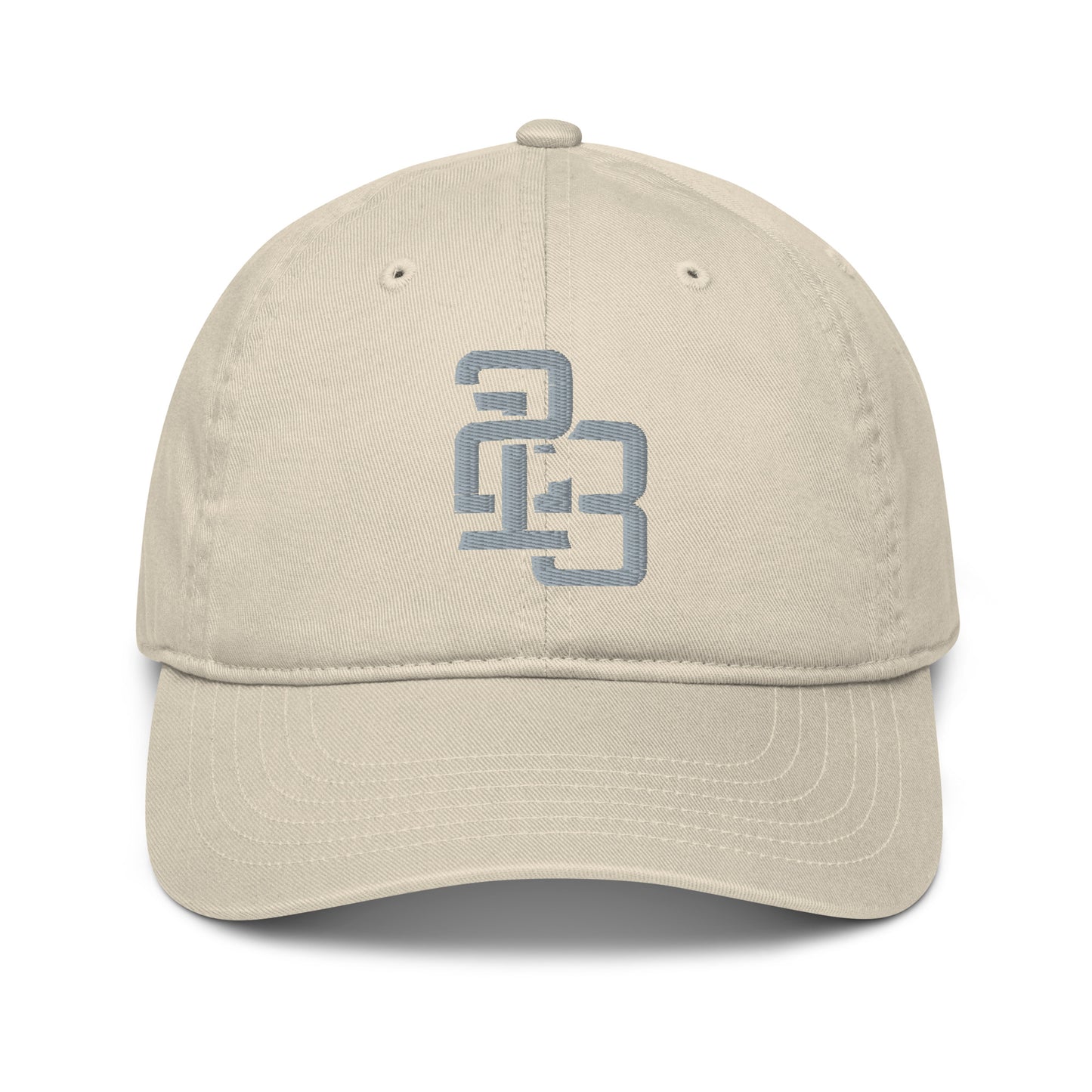 "213" Organic Baseball Cap | Econscious EC7000 | E Luna ESSENTIAL Duocrest 2 Grey Thread Front & Left Side Logos