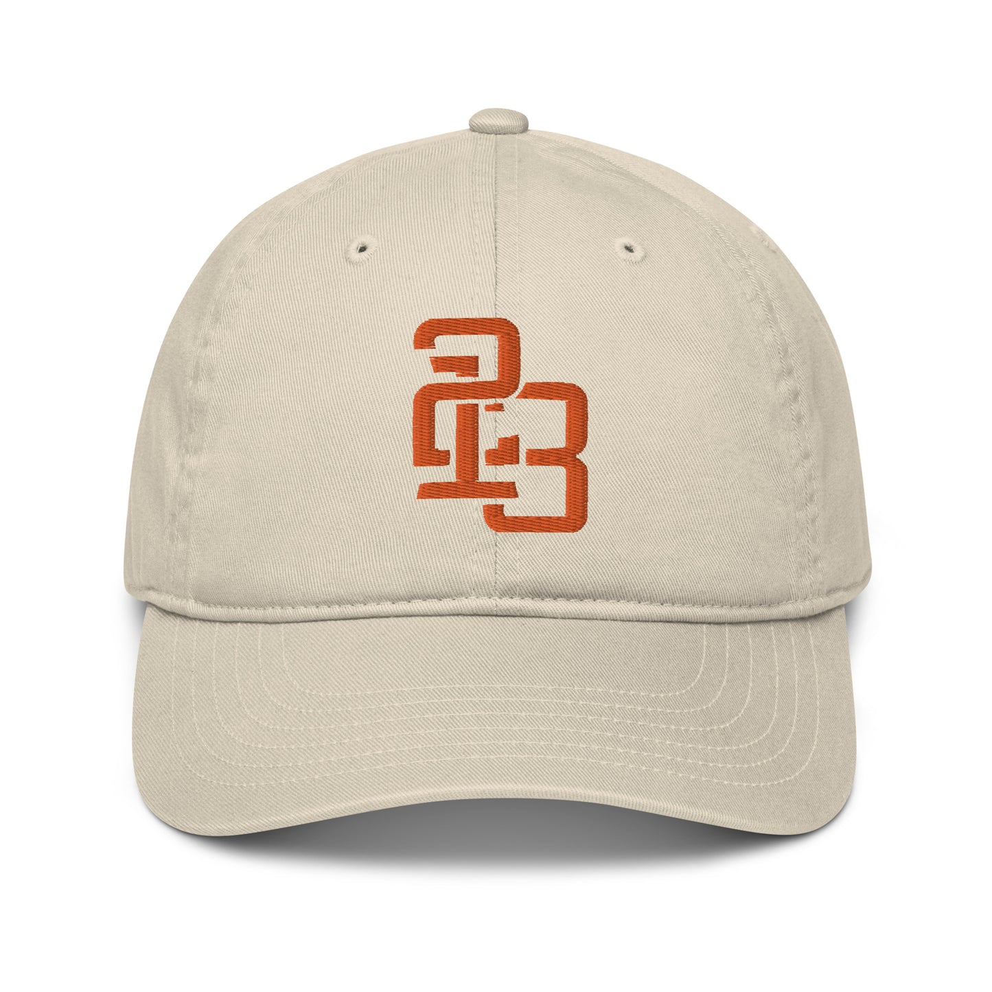 "213" Organic Baseball Cap | Econscious EC7000 | E Luna SELECT Duocrest 3 Orange Thread Front, Left Side & Back Logos