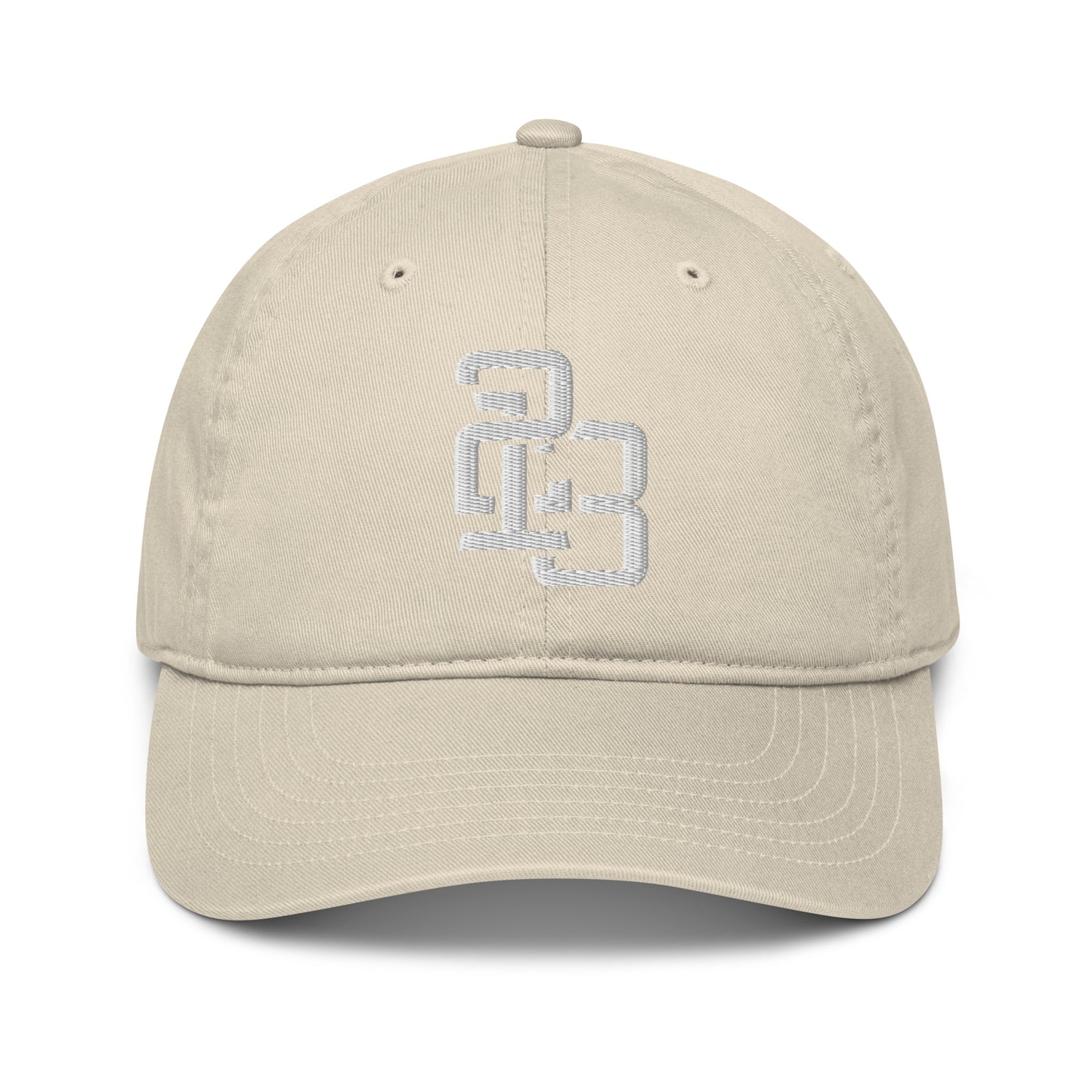 "213" Organic Baseball Cap | Econscious EC7000 | E Luna SELECT Duocrest 3 White Thread Front, Left Side & Back Logos