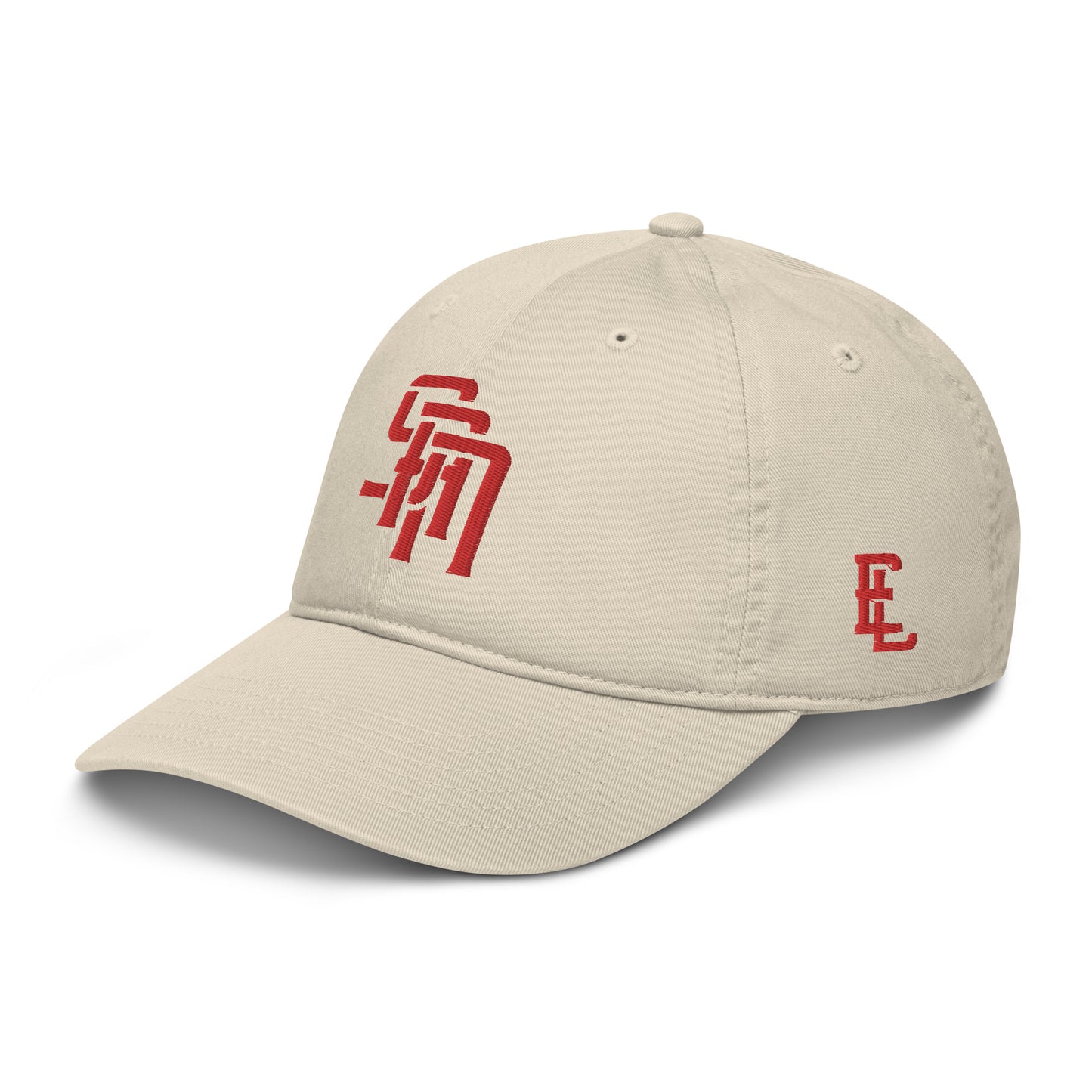 "SAN" Organic Baseball Cap | Econscious EC7000 | E Luna Brand ESSENTIAL Duocrest 2 Red Thread Logos: Front & Left
