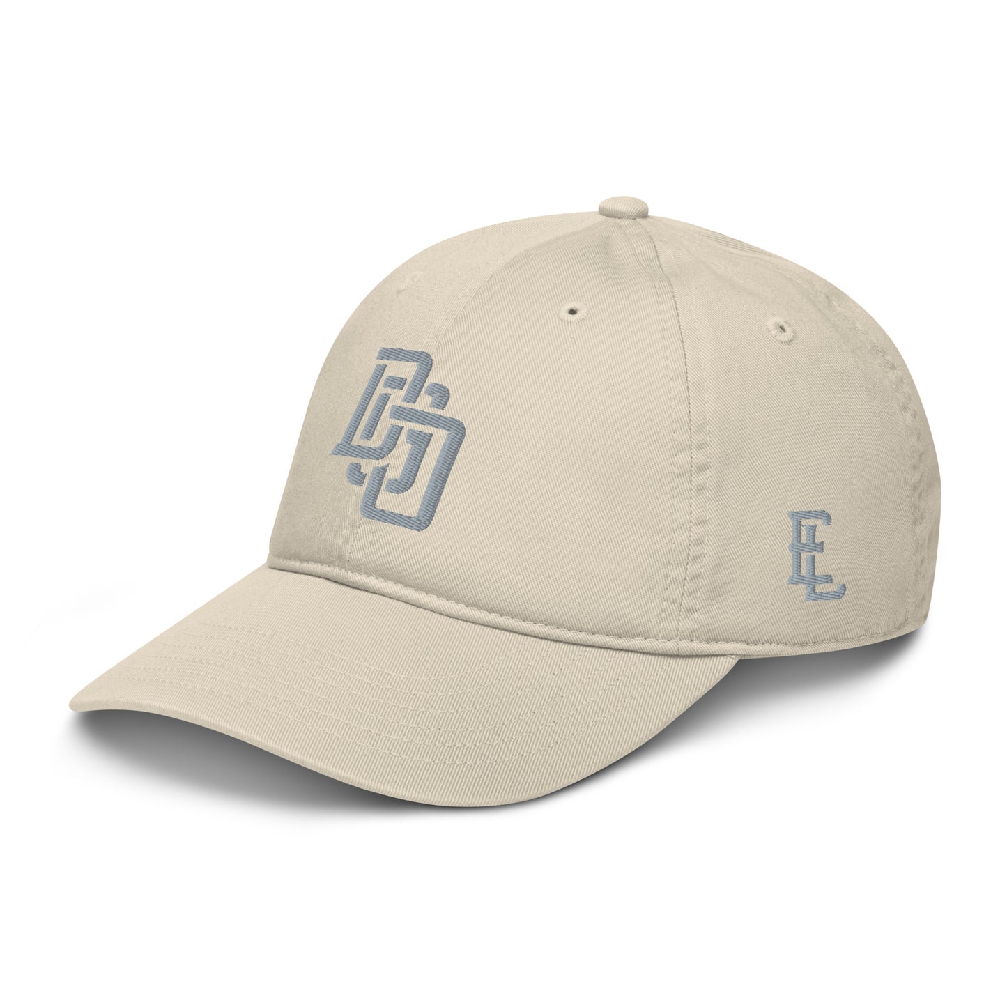 "DGO" Organic Baseball Cap | Econscious EC7000 | E Luna Brand ESSENTIAL Duocrest 2 Grey Thread Logos: Front & Left