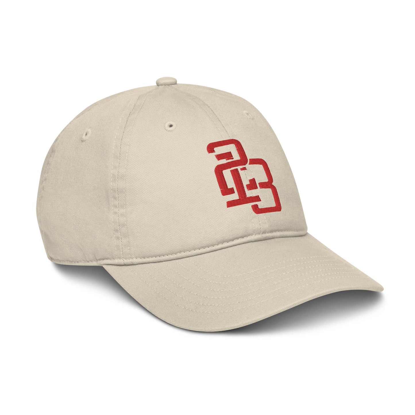 "213" Organic Baseball Cap | Econscious EC7000 | E Luna ESSENTIAL Duocrest 2 Red Thread Front & Left Side Logos