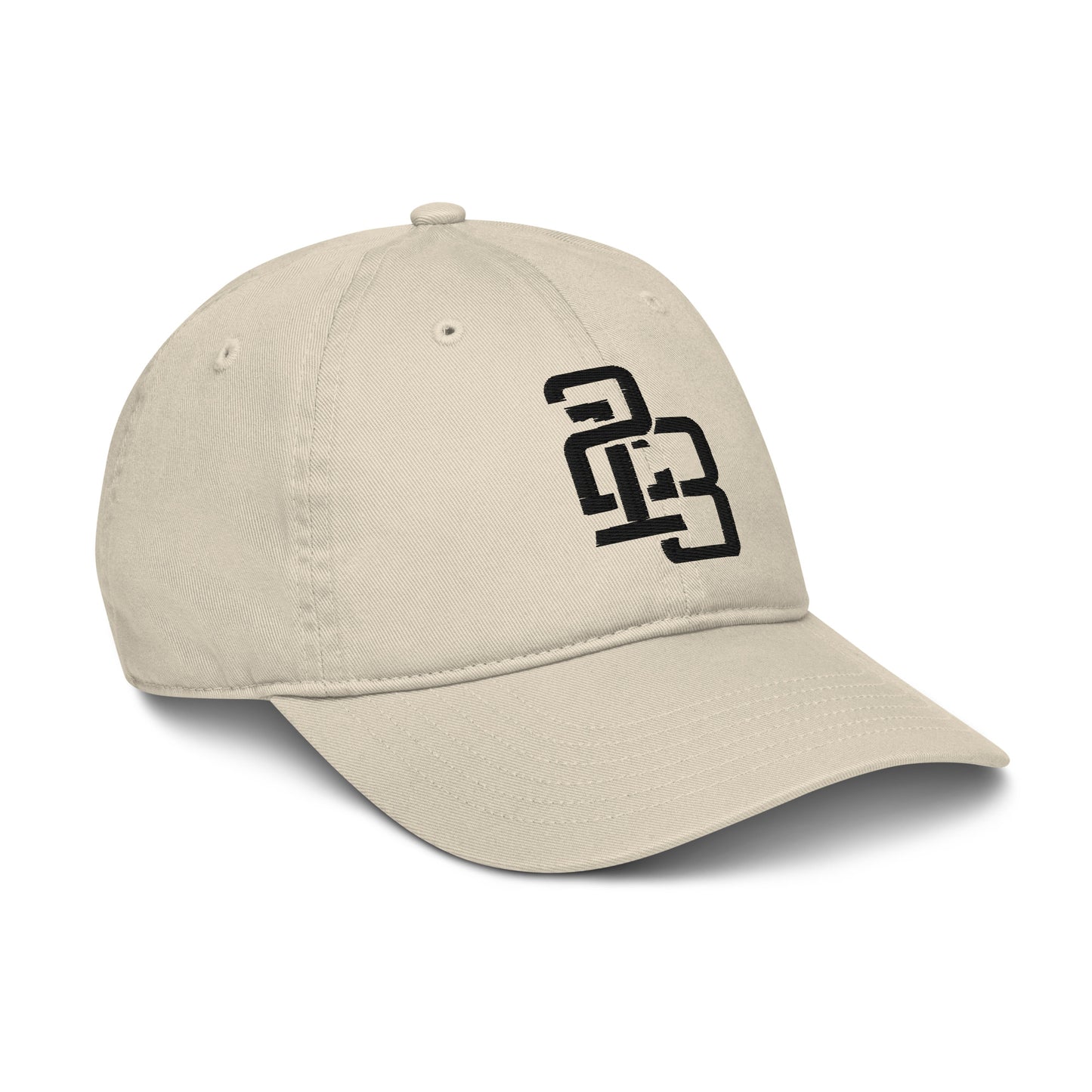 "213" Organic Baseball Cap | Econscious EC7000 | E Luna SELECT Duocrest 3 Black Thread Front, Left Side & Back Logos