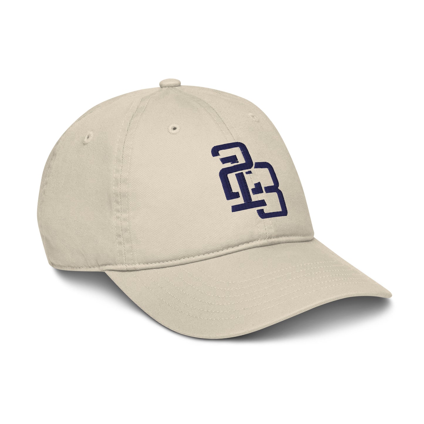 "213" Organic Baseball Cap | Econscious EC7000 | E Luna SELECT Duocrest 3 Navy Thread Front, Left Side & Back Logos