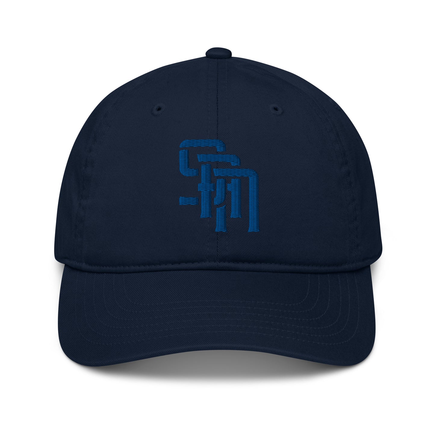 "SAN" Organic Baseball Cap | Econscious EC7000 | E Luna Brand ESSENTIAL Duocrest 2 Royal Thread Logos: Front & Left