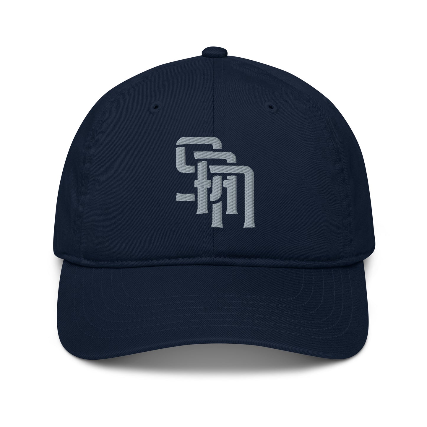 "SAN" Organic Baseball Cap | Econscious EC7000 | E Luna Brand ESSENTIAL Duocrest 2 Grey Thread Logos: Front & Left