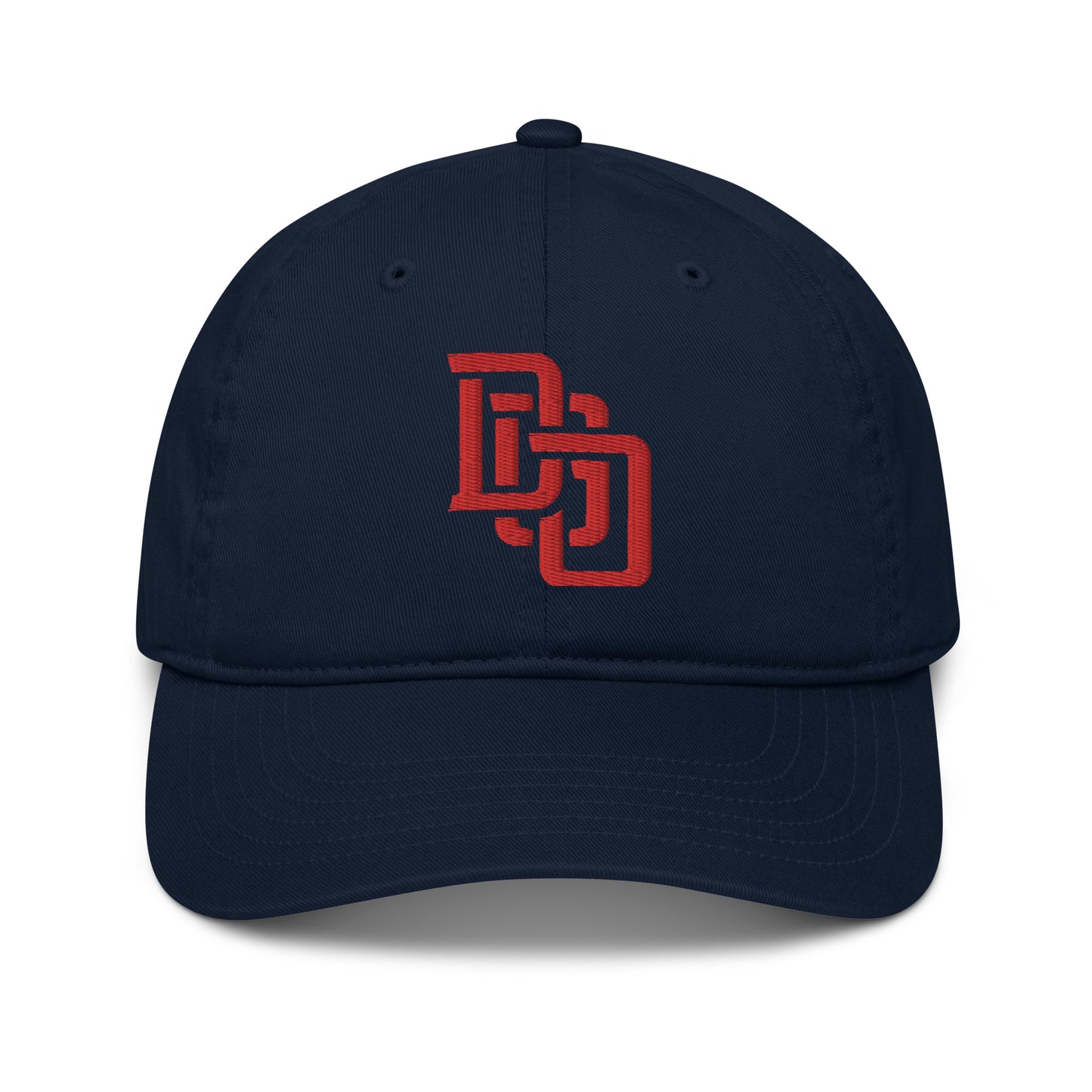"DGO" Organic Baseball Cap | Econscious EC7000 | E Luna Brand ESSENTIAL Duocrest 2 Red Thread Logos: Front & Left