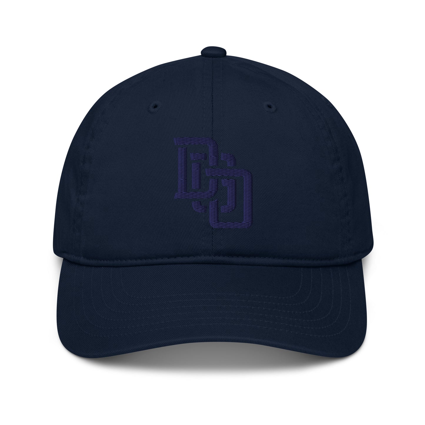 "DGO" Organic Baseball Cap | Econscious EC7000 | E Luna Brand ESSENTIAL Duocrest 2 Navy Thread Logos: Front & Left
