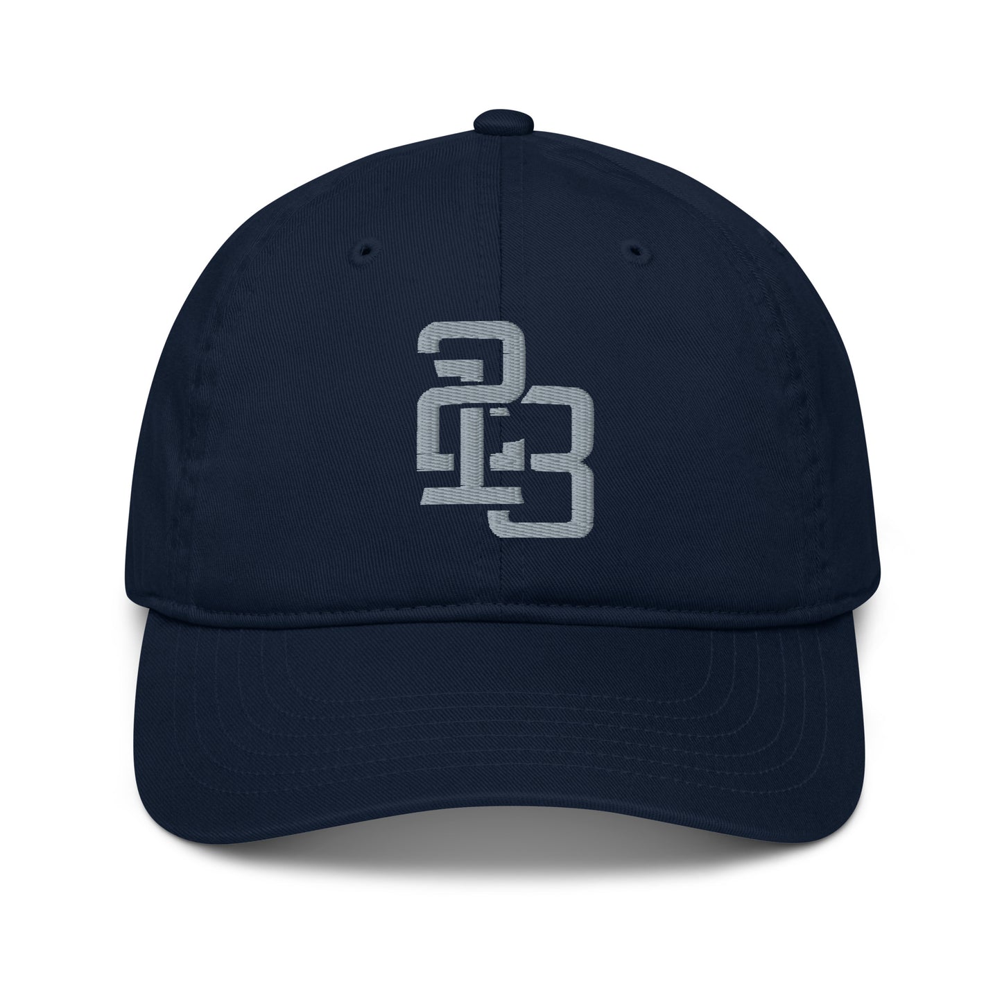 "213" Organic Baseball Cap | Econscious EC7000 | E Luna ESSENTIAL Duocrest 2 Grey Thread Front & Left Side Logos