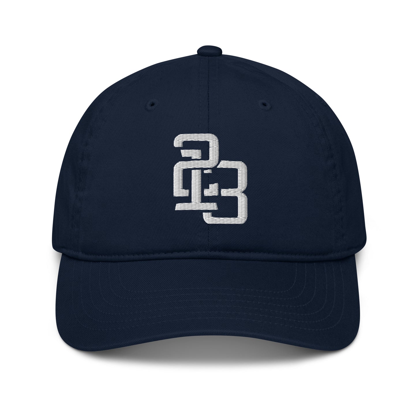 "213" Organic Baseball Cap | Econscious EC7000 | E Luna SELECT Duocrest 3 White Thread Front, Left Side & Back Logos