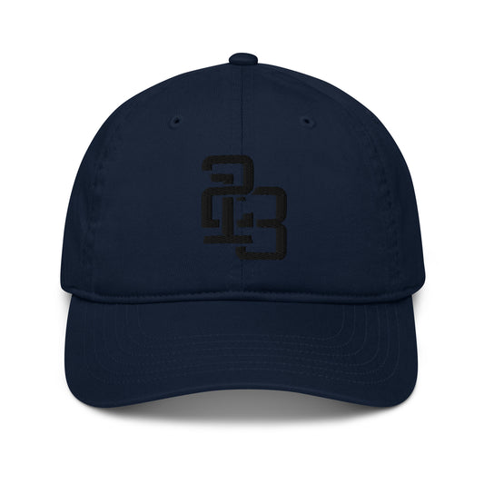"213" Organic Baseball Cap | Econscious EC7000 | E Luna SELECT Duocrest 3 Black Thread Front, Left Side & Back Logos