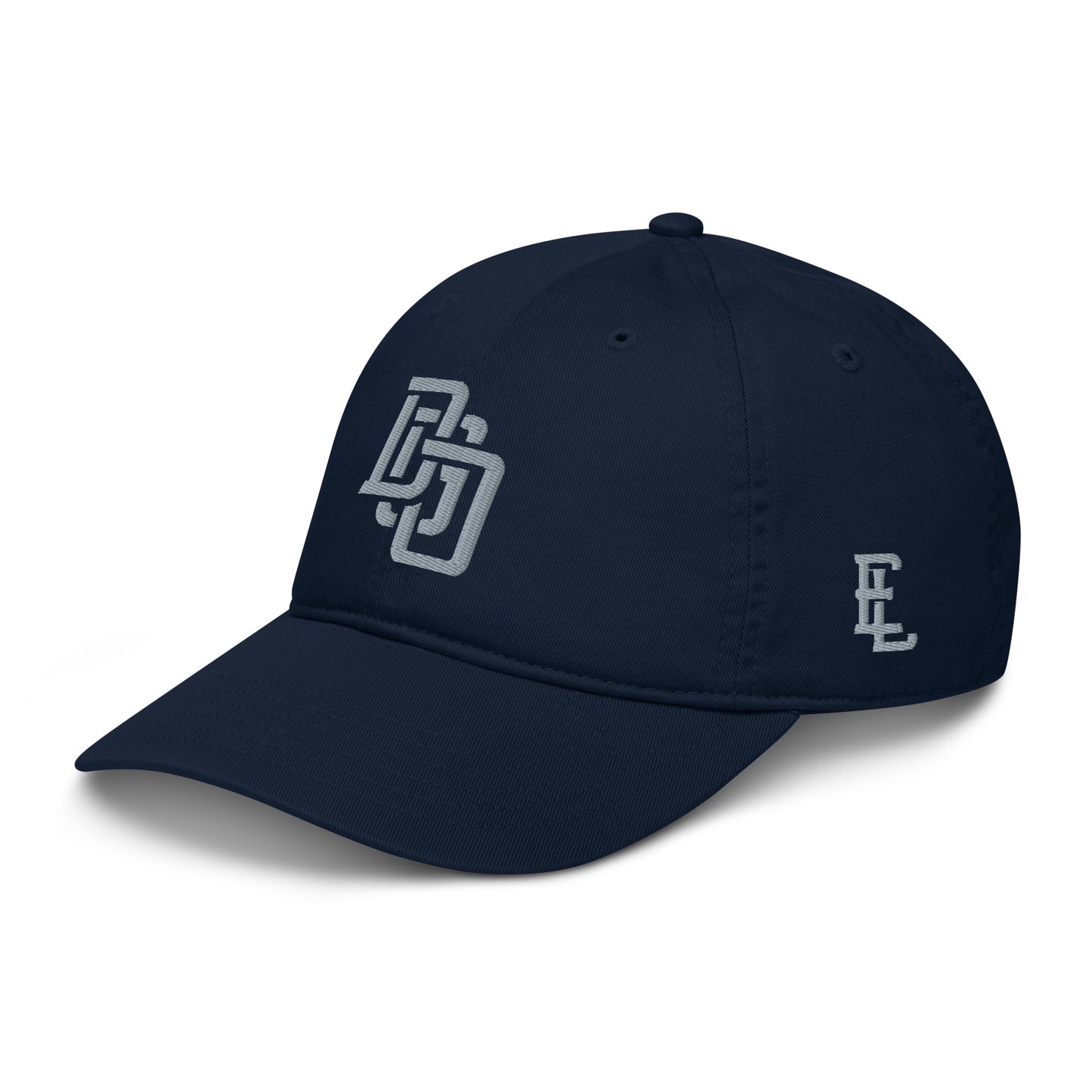 "DGO" Organic Baseball Cap | Econscious EC7000 | E Luna Brand ESSENTIAL Duocrest 2 Grey Thread Logos: Front & Left
