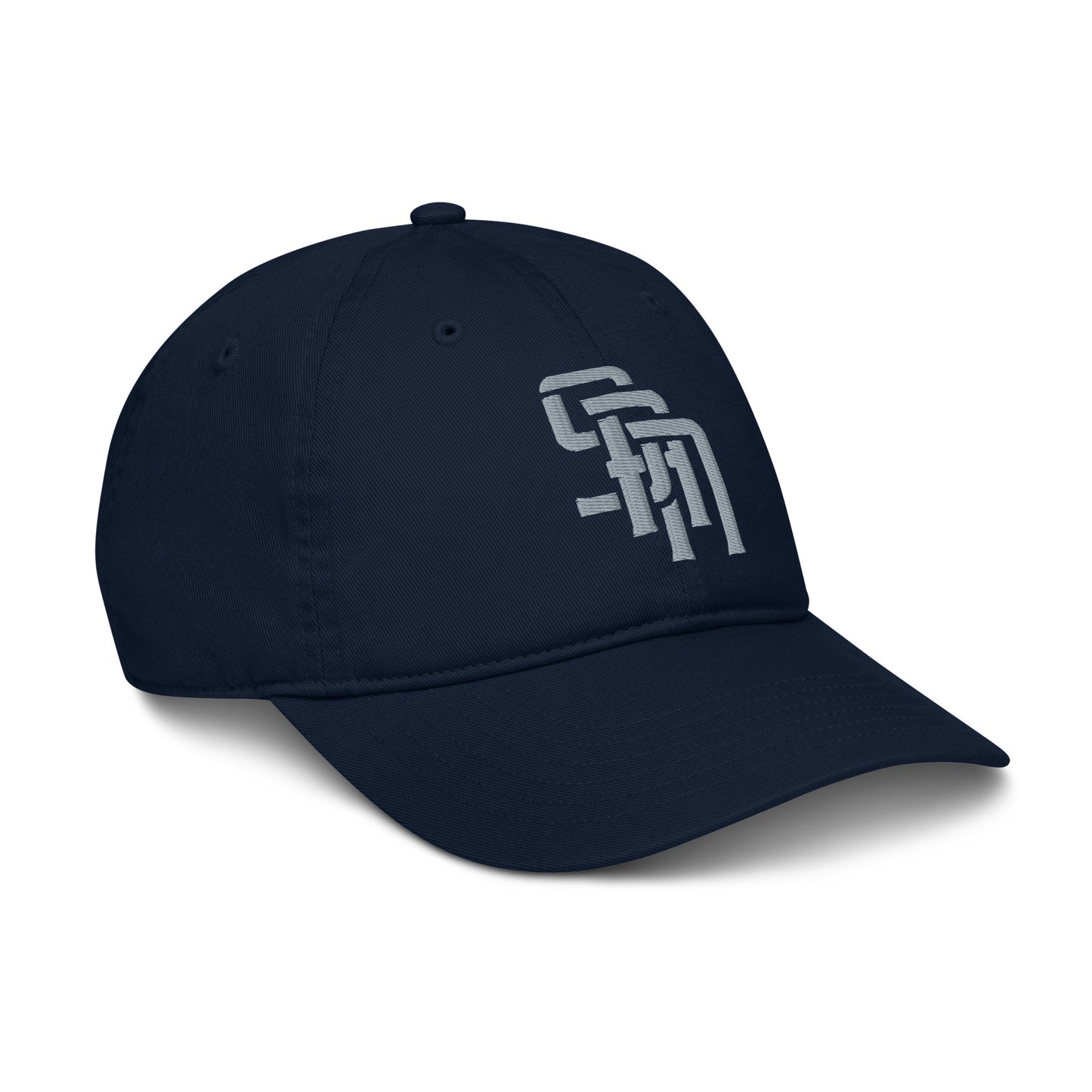 "SAN" Organic Baseball Cap | Econscious EC7000 | E Luna Brand ESSENTIAL Duocrest 2 Grey Thread Logos: Front & Left