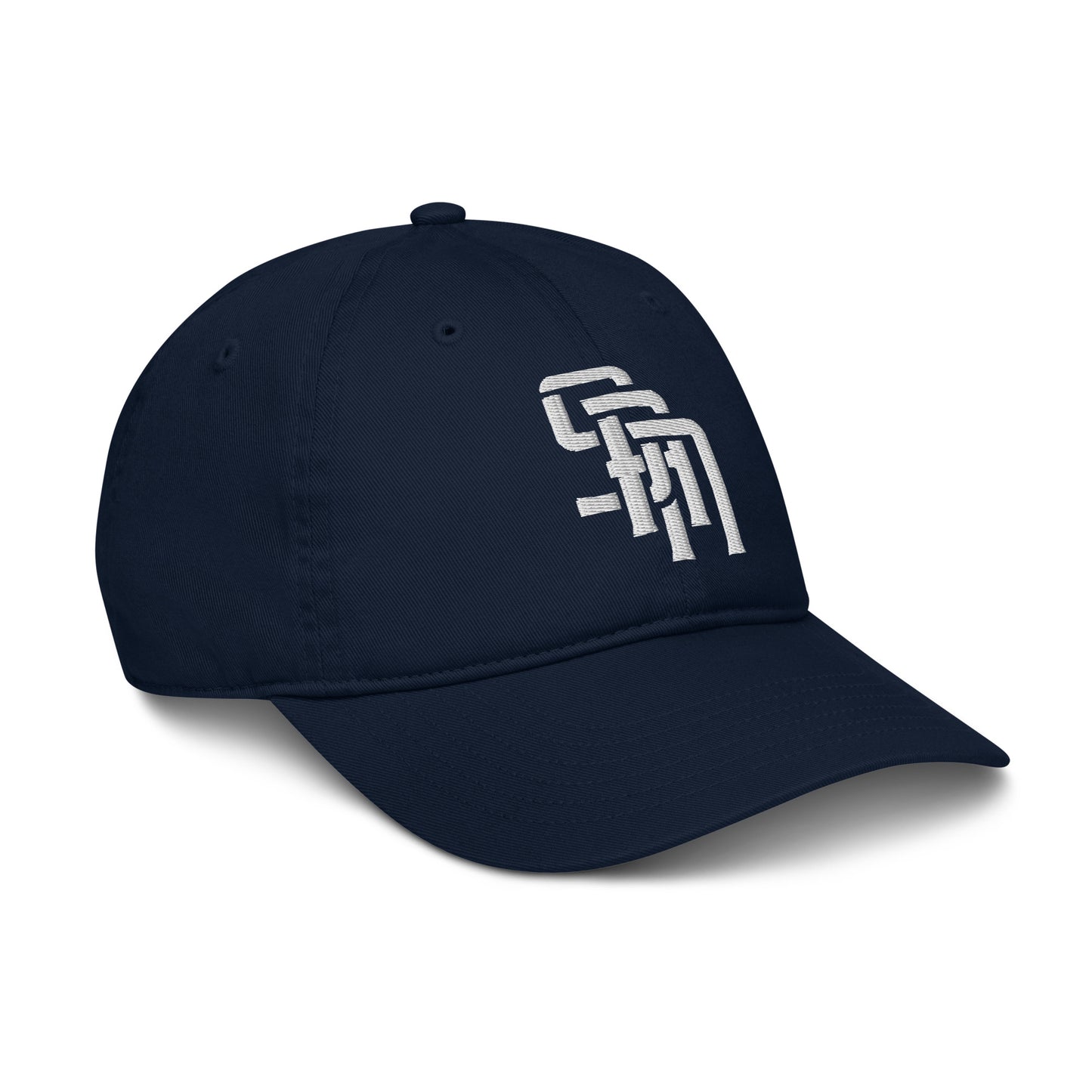 "SAN" Organic Baseball Cap | Econscious EC7000 | E Luna Brand ESSENTIAL Duocrest 2 White Thread Logos: Front & Left