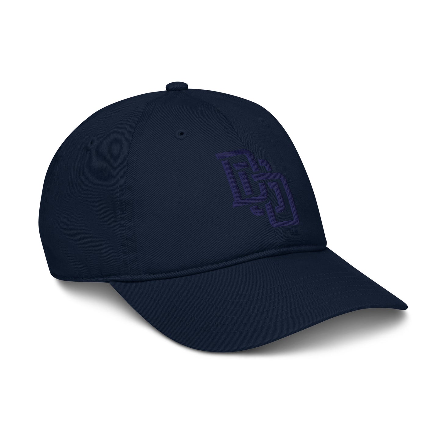 "DGO" Organic Baseball Cap | Econscious EC7000 | E Luna Brand ESSENTIAL Duocrest 2 Navy Thread Logos: Front & Left