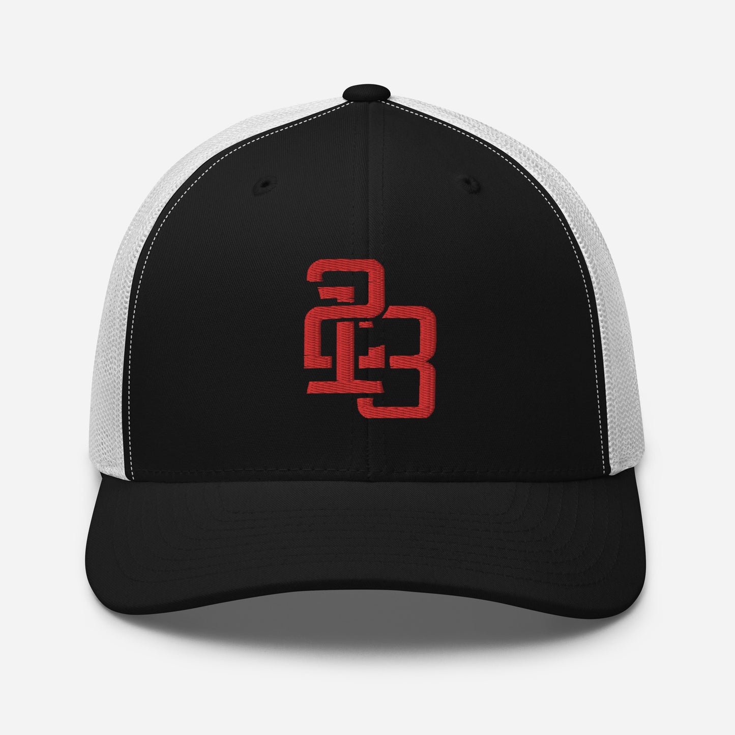 "213" Retro Trucker Hat | Yupoong 6606 | E Luna CLASSIC Solocrest 1 Red Thread Front Logo