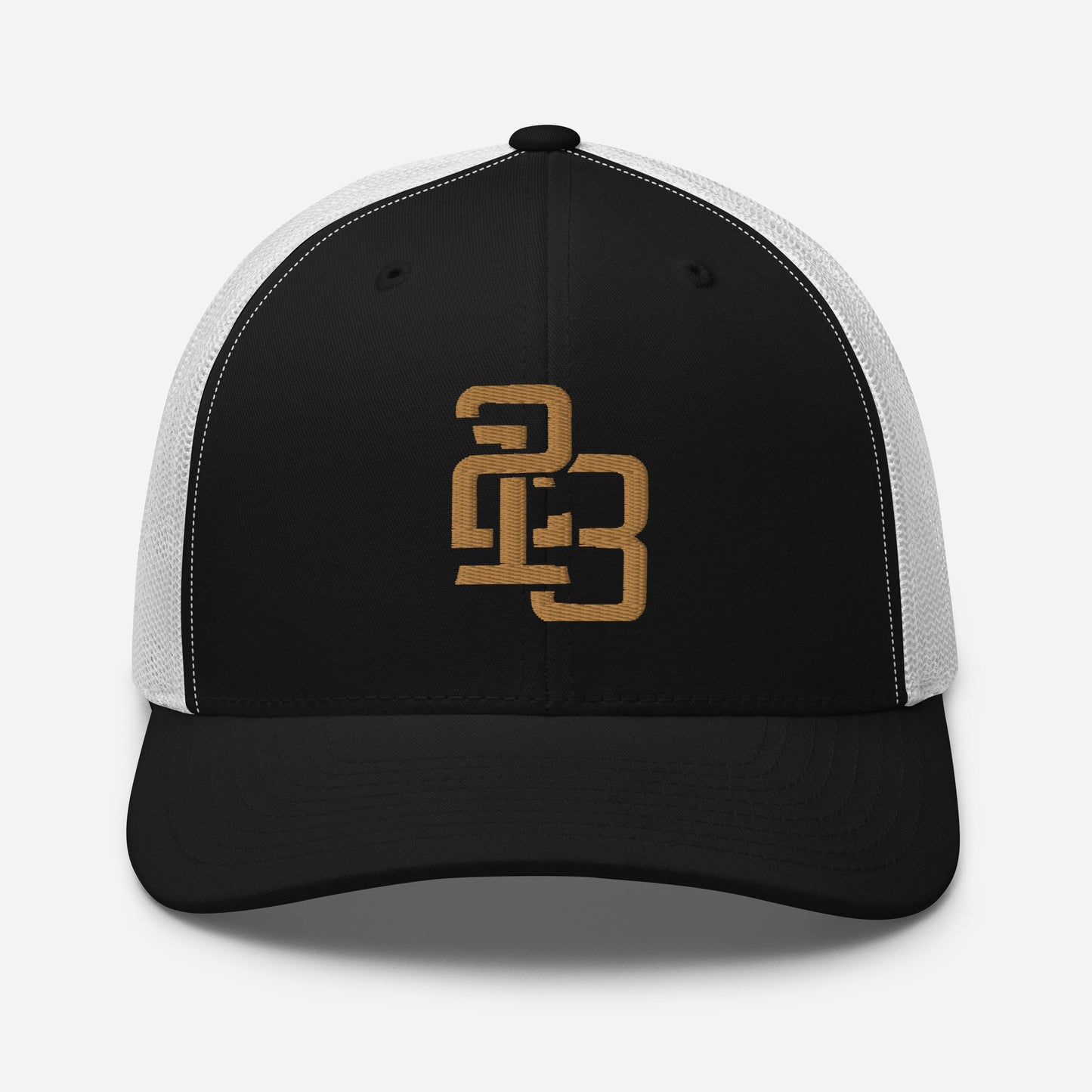 "213" Retro Trucker Hat | Yupoong 6606 | E Luna CLASSIC Solocrest 1 Old Gold Thread Front Logo