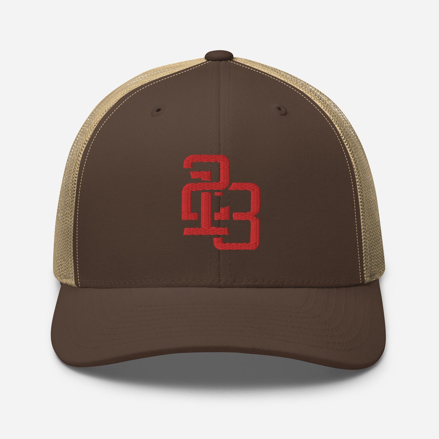 "213" Retro Trucker Hat | Yupoong 6606 | E Luna CLASSIC Solocrest 1 Red Thread Front Logo