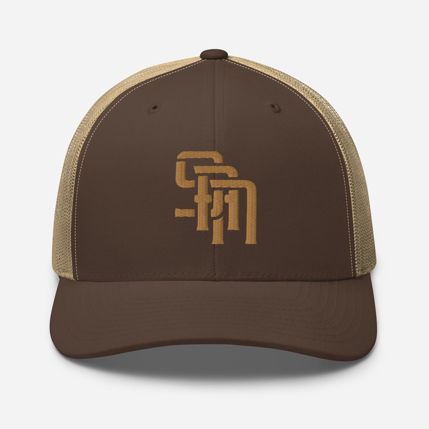 "SAN" Retro Trucker Hat | Yupoong 6606 | E Luna Brand CLASSIC Solocrest 1 Old Gold Thread Front Logo