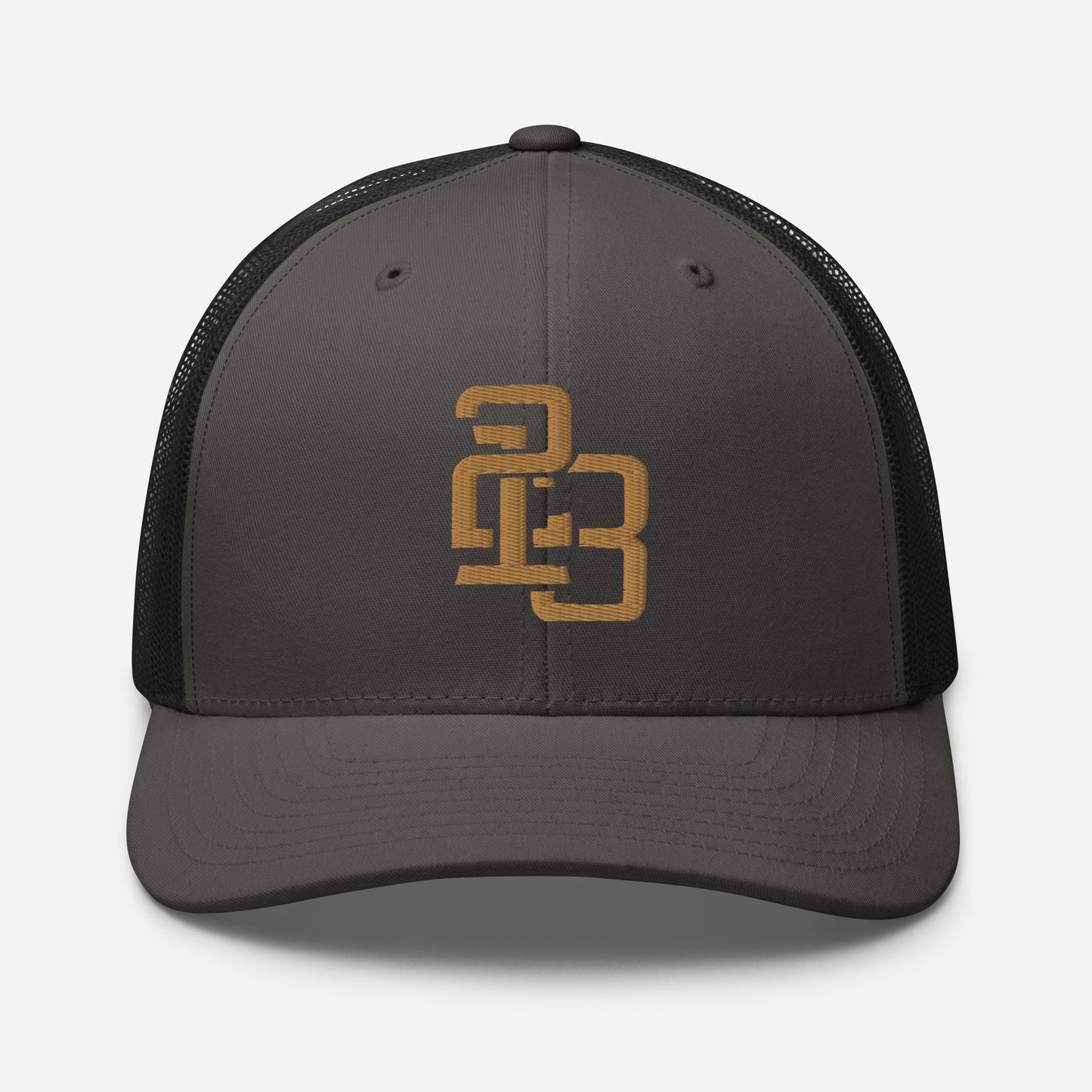 "213" Retro Trucker Hat | Yupoong 6606 | E Luna CLASSIC Solocrest 1 Old Gold Thread Front Logo