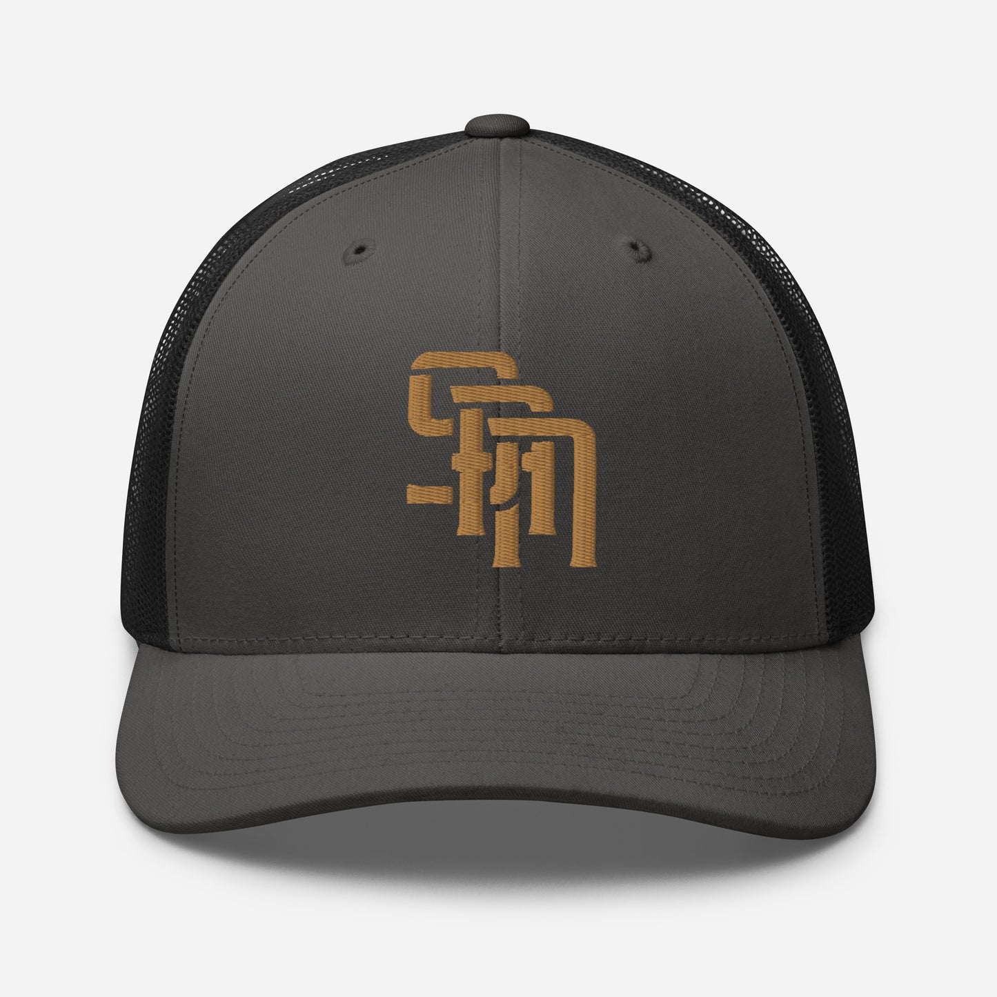 "SAN" Retro Trucker Hat | Yupoong 6606 | E Luna Brand CLASSIC Solocrest 1 Old Gold Thread Front Logo