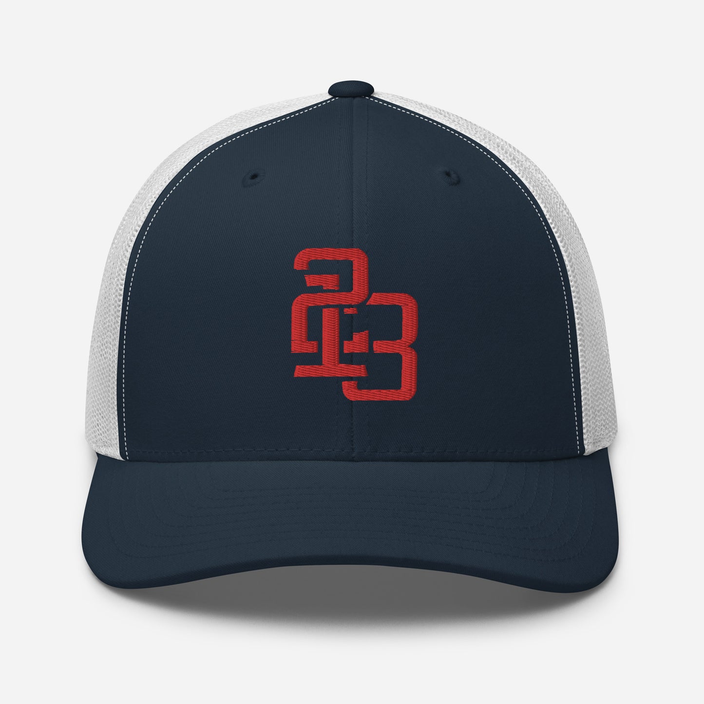 "213" Retro Trucker Hat | Yupoong 6606 | E Luna CLASSIC Solocrest 1 Red Thread Front Logo