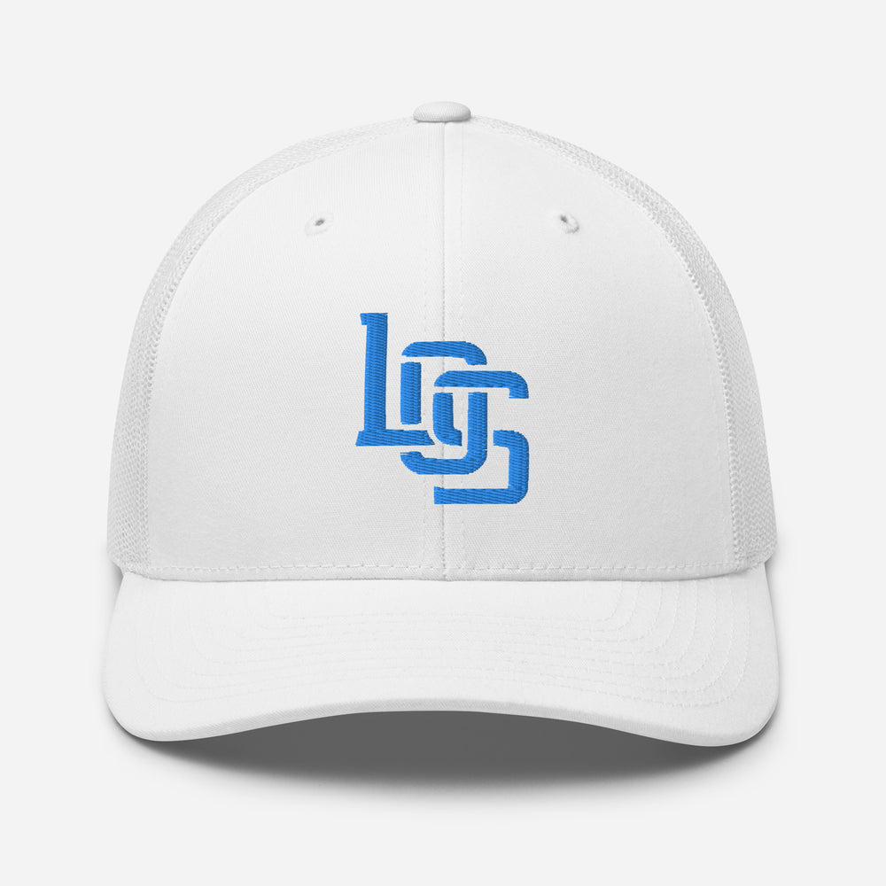 "LOS" Retro Trucker Hat | Yupoong 6606 | E Luna CLASSIC Solocrest 1 Aqua/Teal Thread Front Logo