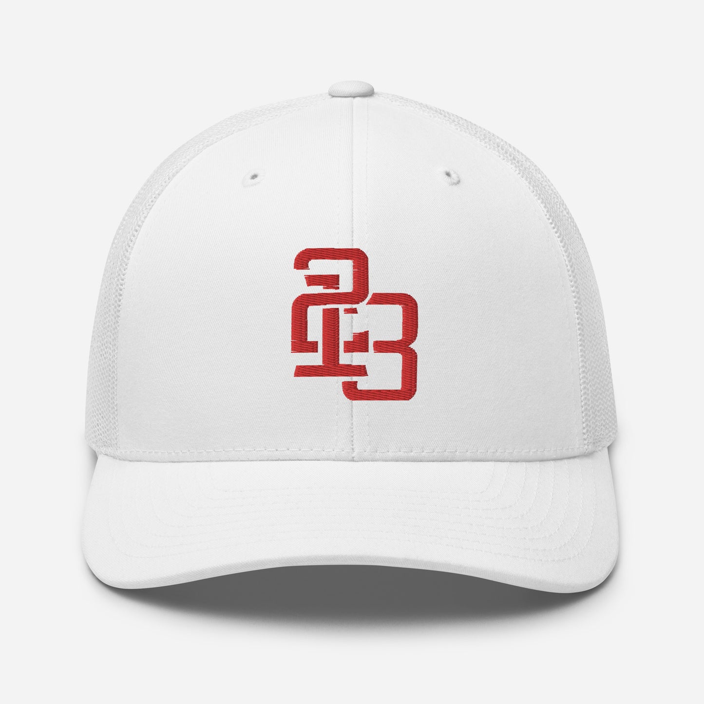 "213" Retro Trucker Hat | Yupoong 6606 | E Luna CLASSIC Solocrest 1 Red Thread Front Logo