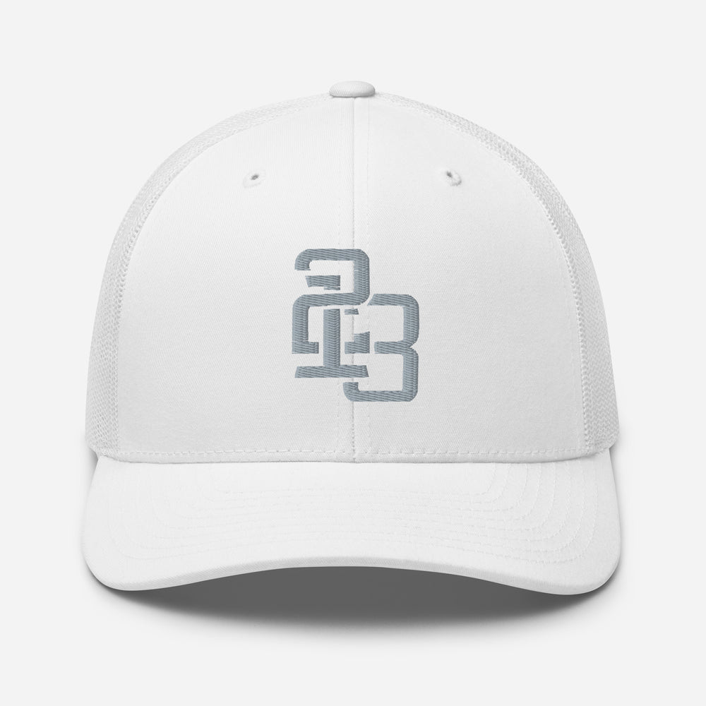 "213" Retro Trucker Hat | Yupoong 6606 | E Luna CLASSIC Solocrest 1 Grey Thread Front Logo