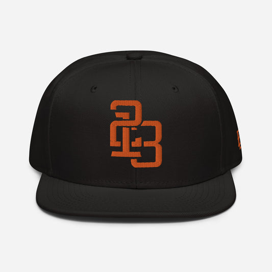 "213" Snapback | Otto Cap 125-978 | E Luna SELECT Tricrest 3 Orange Thread Front, Left Side & Back Logos