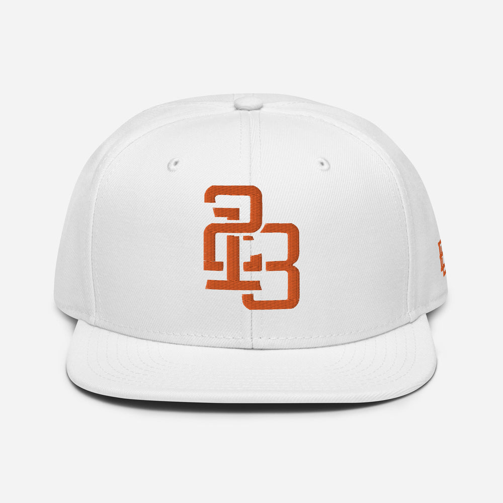 "213" Snapback | Otto Cap 125-978 | E Luna SELECT Tricrest 3 Orange Thread Front, Left Side & Back Logos
