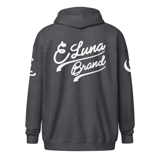 "SAN" Unisex Heavy Blend Zip Hoodie | E Luna Brand EXCLUSIVE | 4 White Logos: Front Left, Left/Right Sleeves & Back Signature
