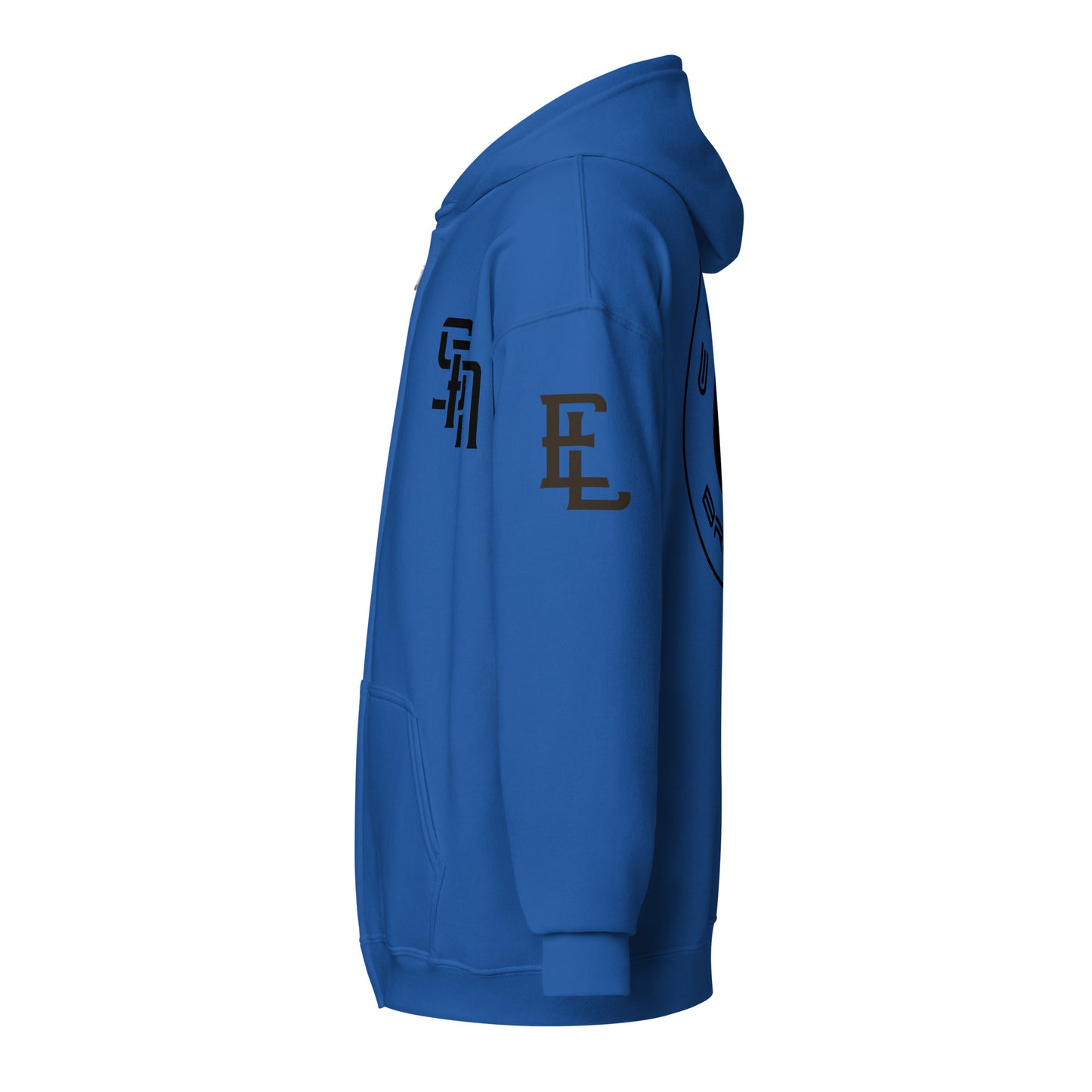 "SAN" Unisex Heavy Blend Zip Hoodie | E Luna Brand ELEMENT | 3 Black Logos: Front Left, Left Sleeve & Back