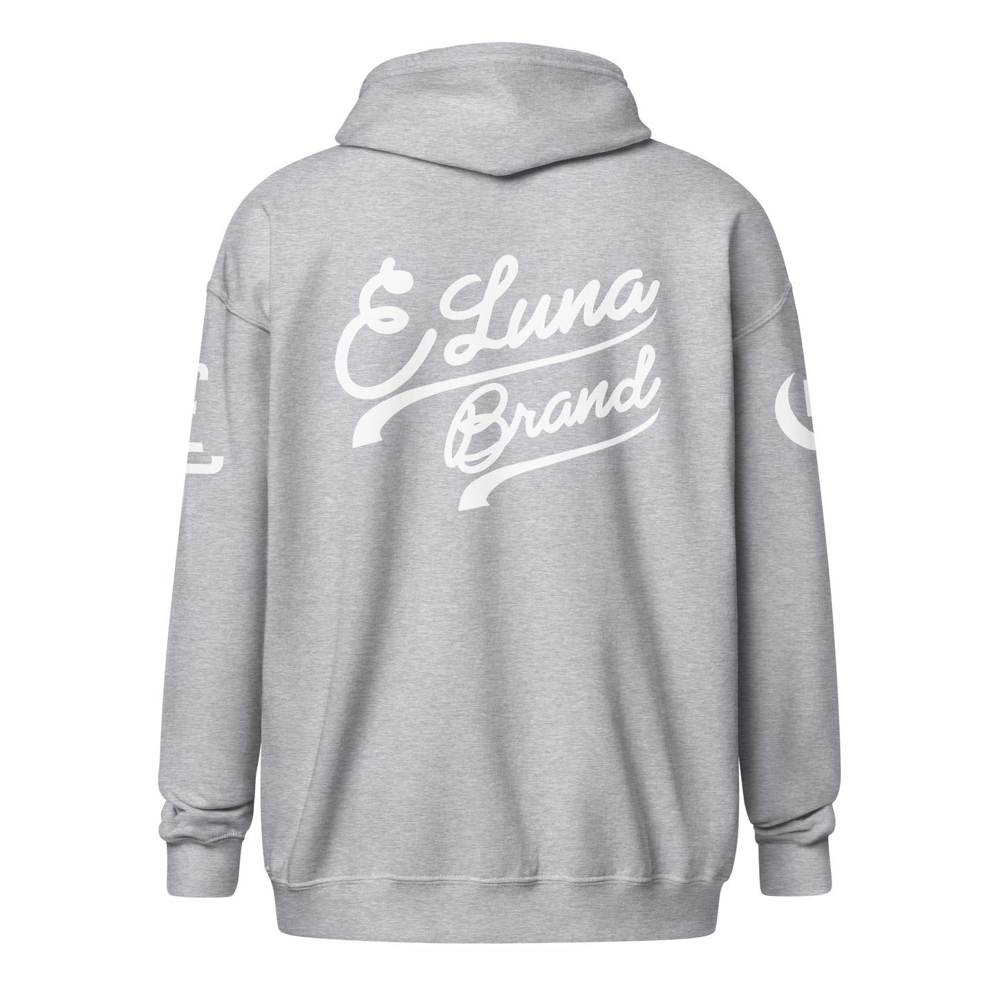 "SAN" Unisex Heavy Blend Zip Hoodie | E Luna Brand EXCLUSIVE | 4 White Logos: Front Left, Left/Right Sleeves & Back Signature