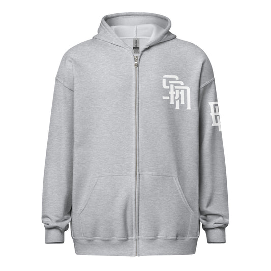 "SAN" Unisex Heavy Blend Zip Hoodie | E Luna Brand ESSENCE | 3 White Logos: Front Left, Left Sleeve & Outside Back Label