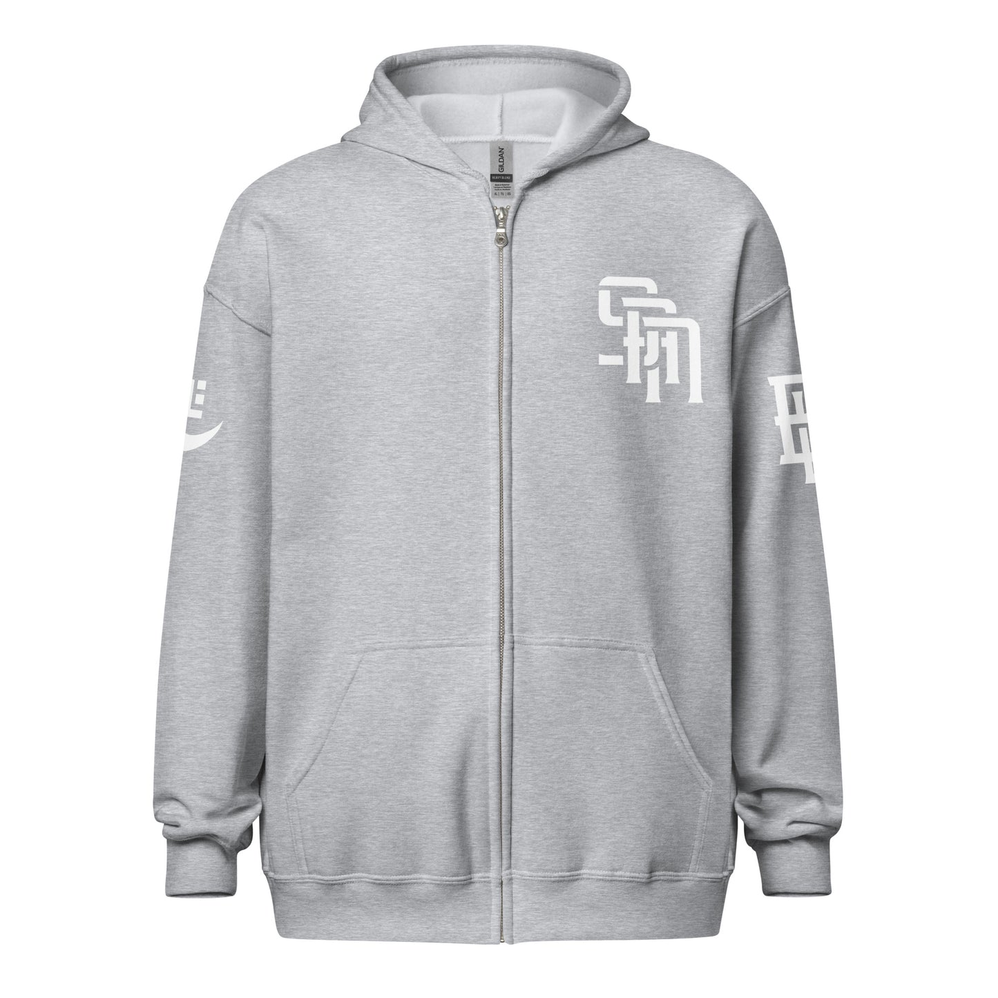 "SAN" Unisex Heavy Blend Zip Hoodie | E Luna Brand EXCLUSIVE | 4 White Logos: Front Left, Left/Right Sleeves & Back Signature