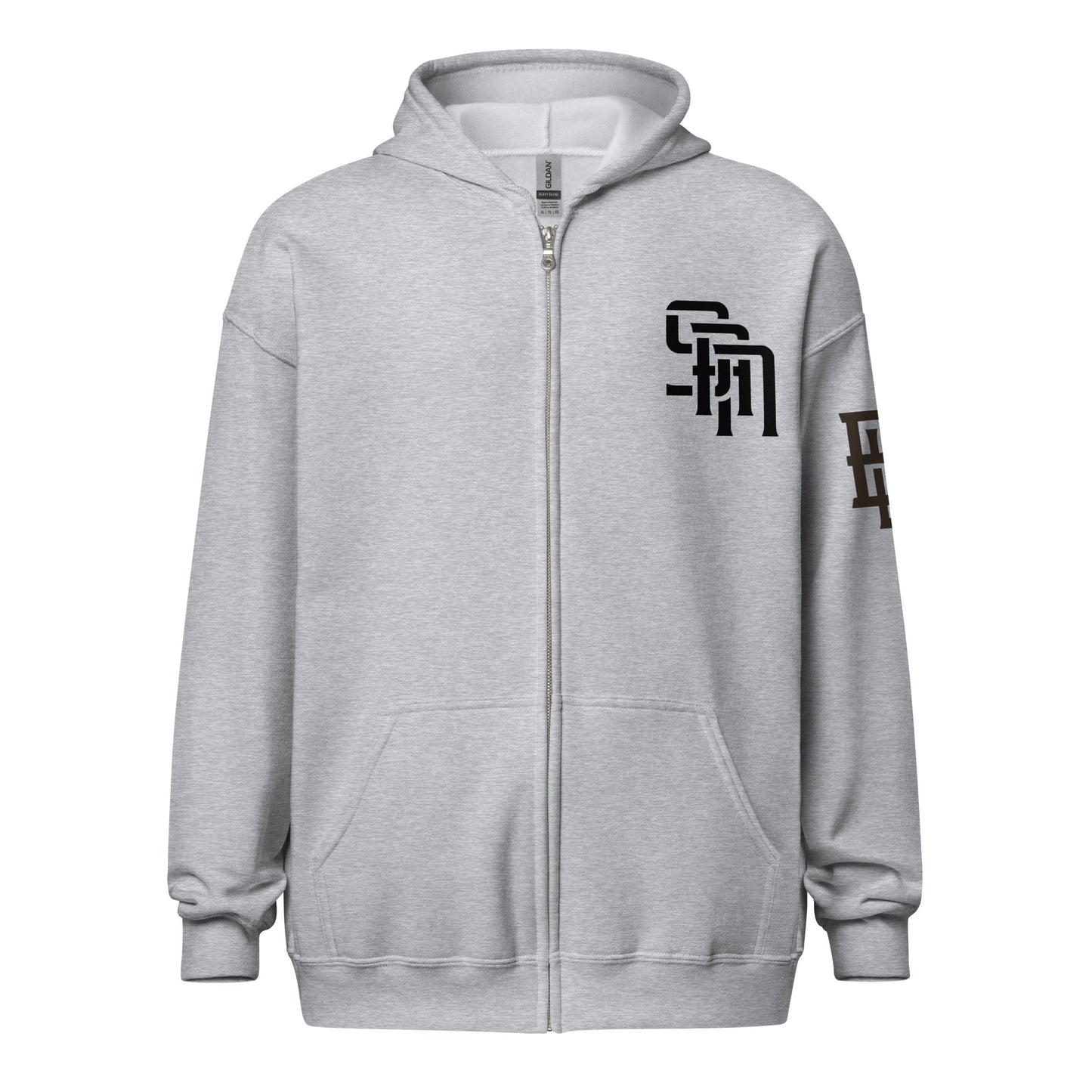 "SAN" Unisex Heavy Blend Zip Hoodie | E Luna Brand ELEMENT | 3 Black Logos: Front Left, Left Sleeve & Back